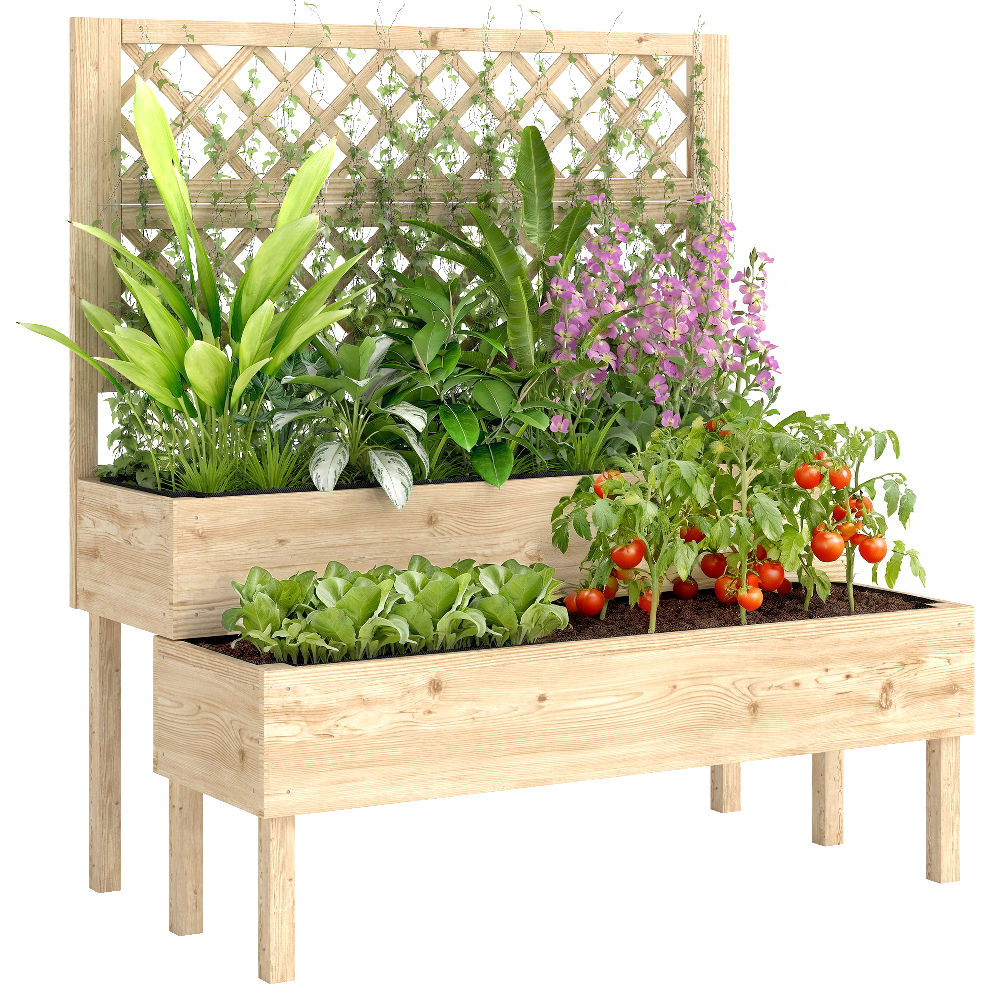 Raised Garden Bed 2-Tier Stepped Design Planter Box with Trellis for Climbing Plants 108x62x120 cm (Drop Shipping Only, Not for Amazon)