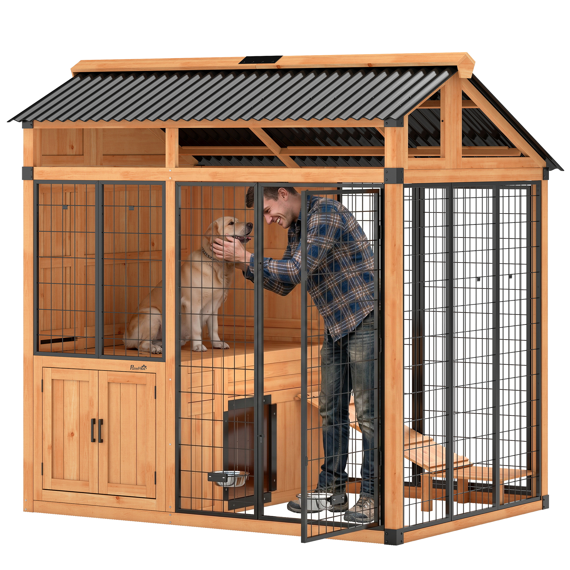 7' x 5' Extra Large Dog House, Wood Outdoor Dog Kennel with Platform, Storage Cabinet for Large Breeds, Yellow (Drop Shipping Only, Not for Amazon)