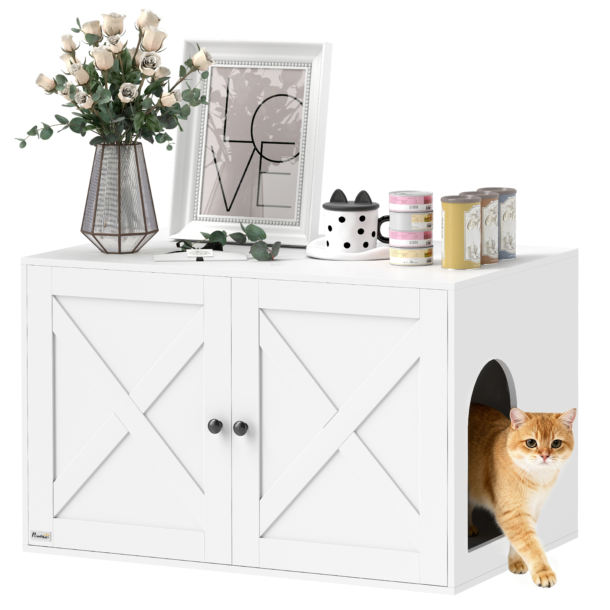 Cat Litter Box Enclosure with Barn Door, Cat Hole, 31.5