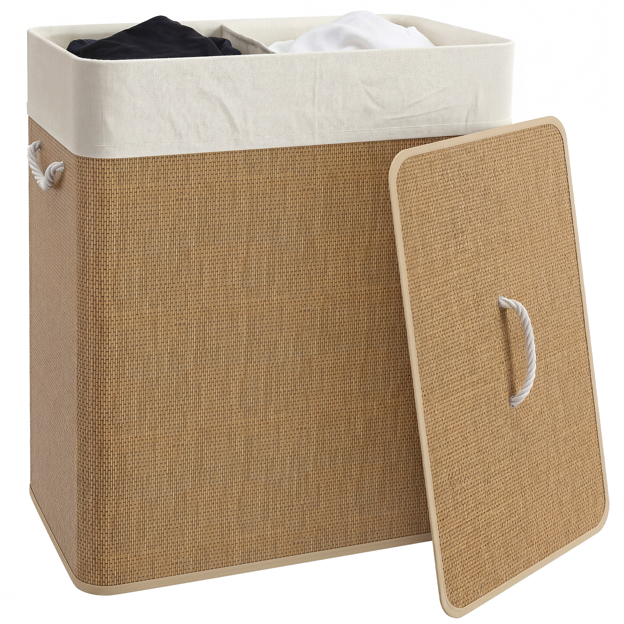 2 Section Laundry Basket with Lid, 100L Bamboo Laundry Hamper with Handles, Removable and Washable Liner, Cream White (Drop Shipping Only, Not for Amazon)