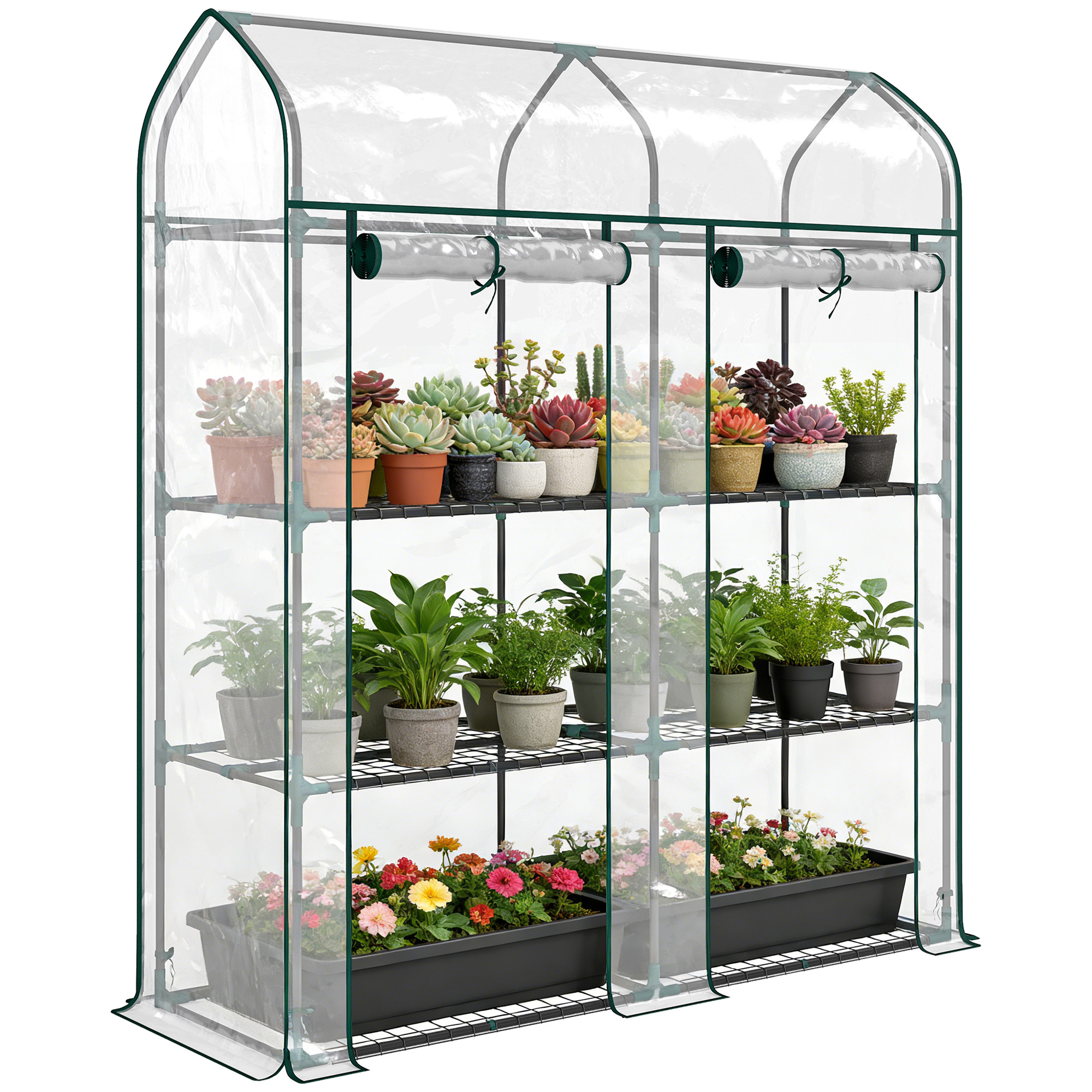 3 Tier Mini Greenhouse, Small Portable Greenhouse with 2 Roll-up Doors, 56.3