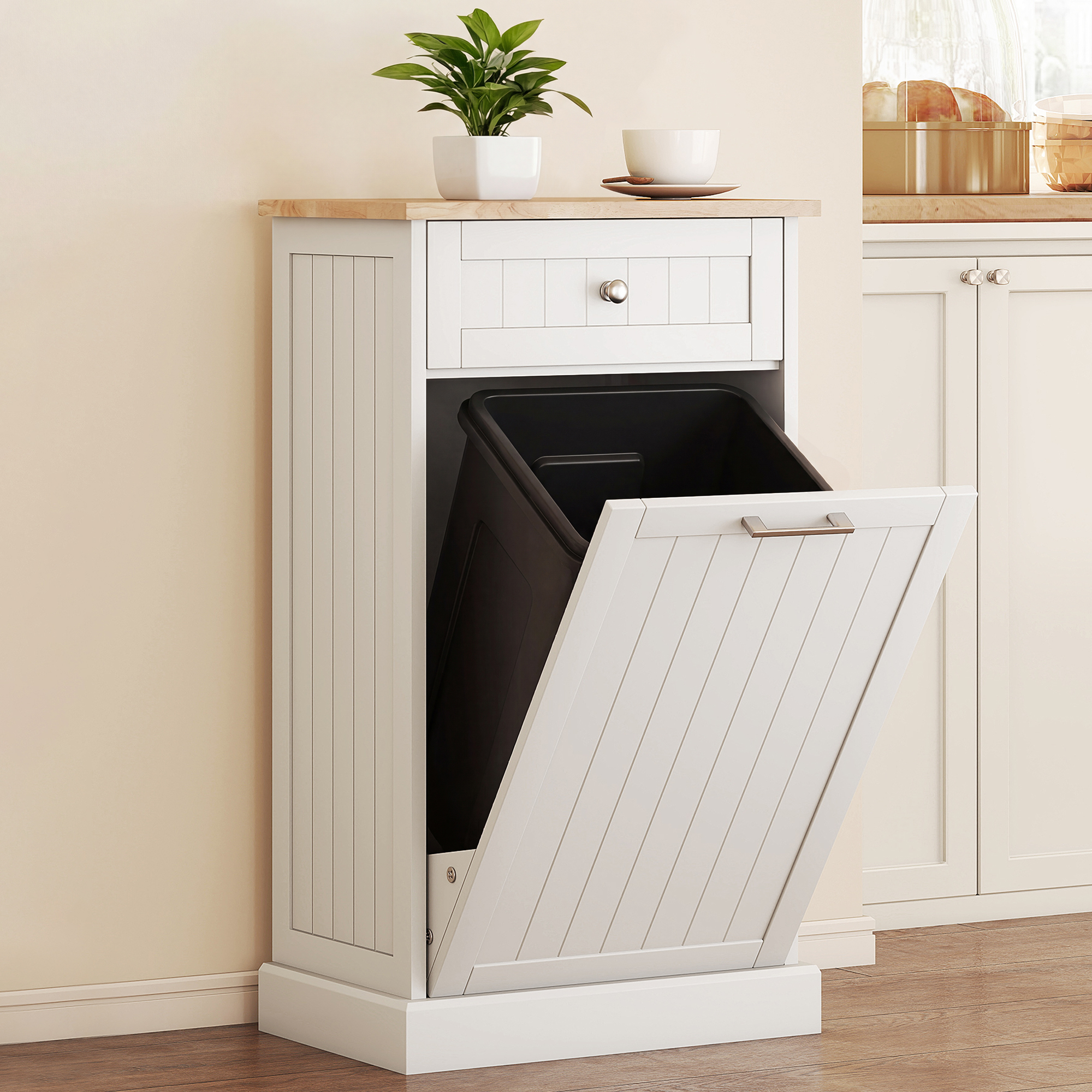 10 Gallon Tilt Out Trash Cabinet, Wooden Hidden Trash Can with Storage Drawer for Kitchen, Laundry Hamper Cabinet for Bathroom, White (Drop Shipping Only, Not for Amazon)