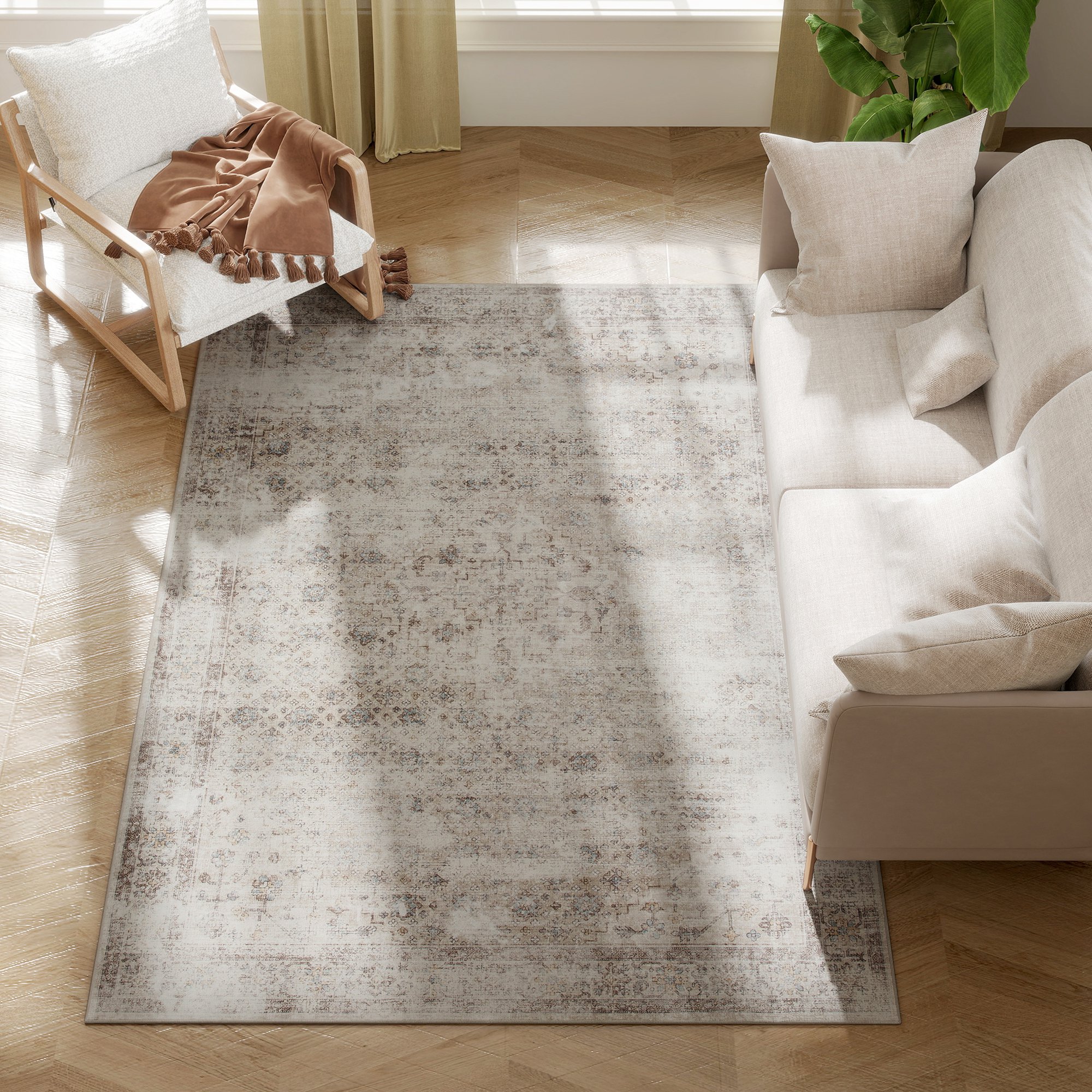 Machine Washable Area Rug 4x6, Non-Slip Traditional Floor Carpet for Living Room, Bedroom, Light Mixed-Brown (Drop Shipping Only, Not for Amazon)