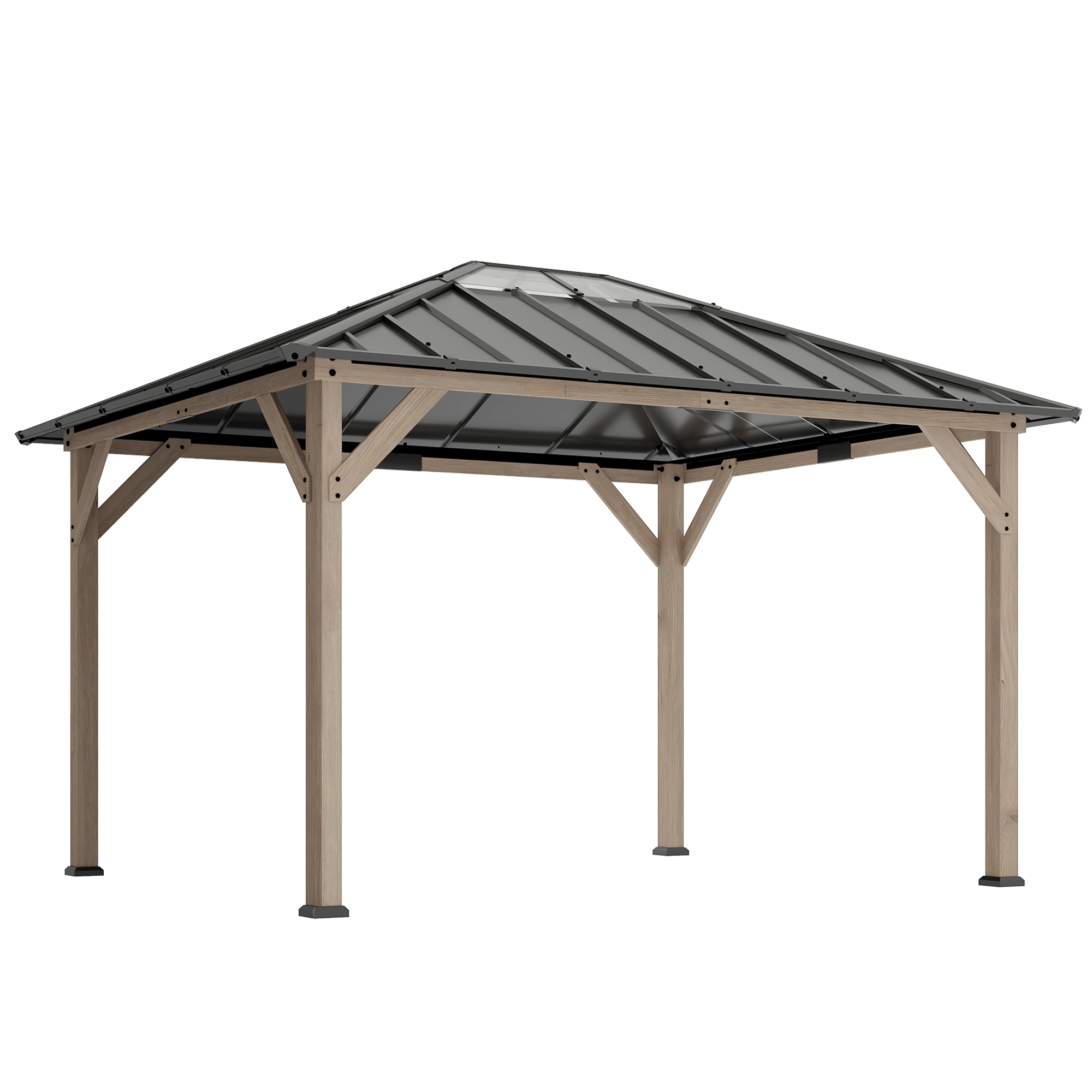 10' x 12' Hardtop Gazebo with Galvanized Steel Roof, UPF50+ Wood Permanent Pavilion with Clear Roof Top, Light Walnut (Drop Shipping Only, Not for Amazon)
