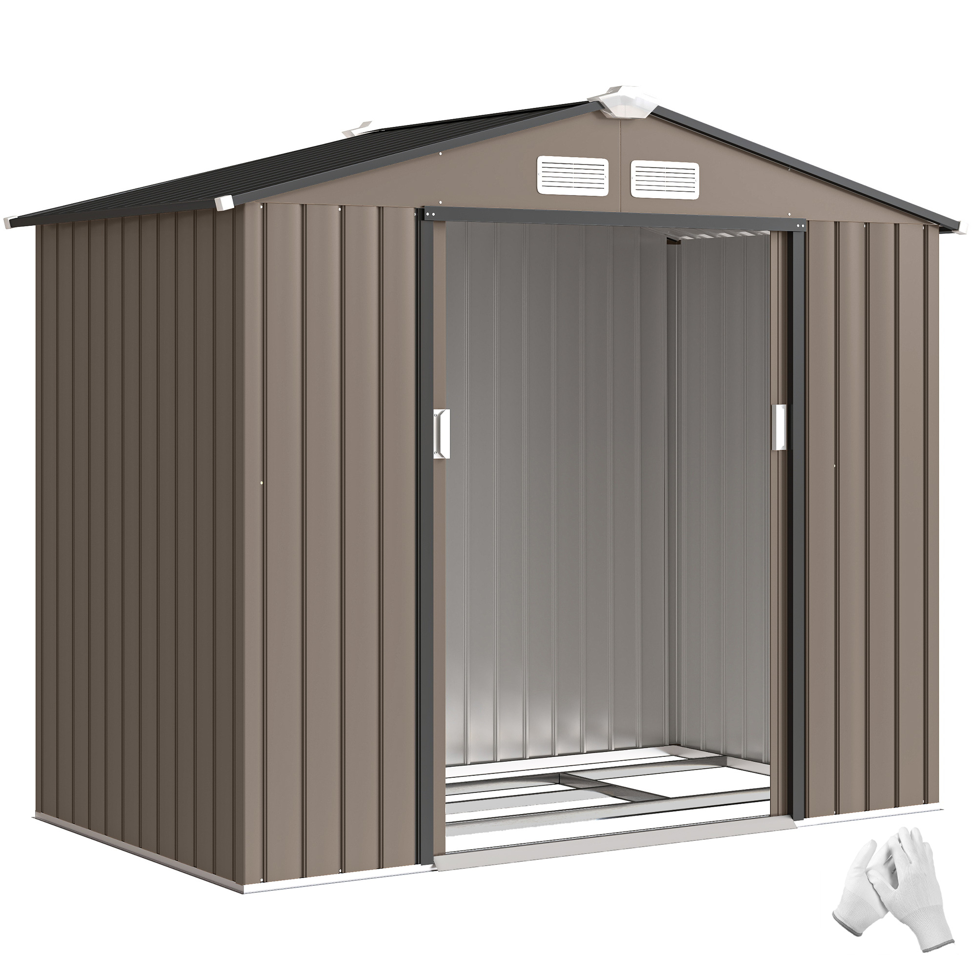7' x 4' Outdoor Storage Shed, Garden Tool House w/ Foundation Kit Vents & Sliding Doors for Backyard Patio, Brown (Drop Shipping Only, Not for Amazon)