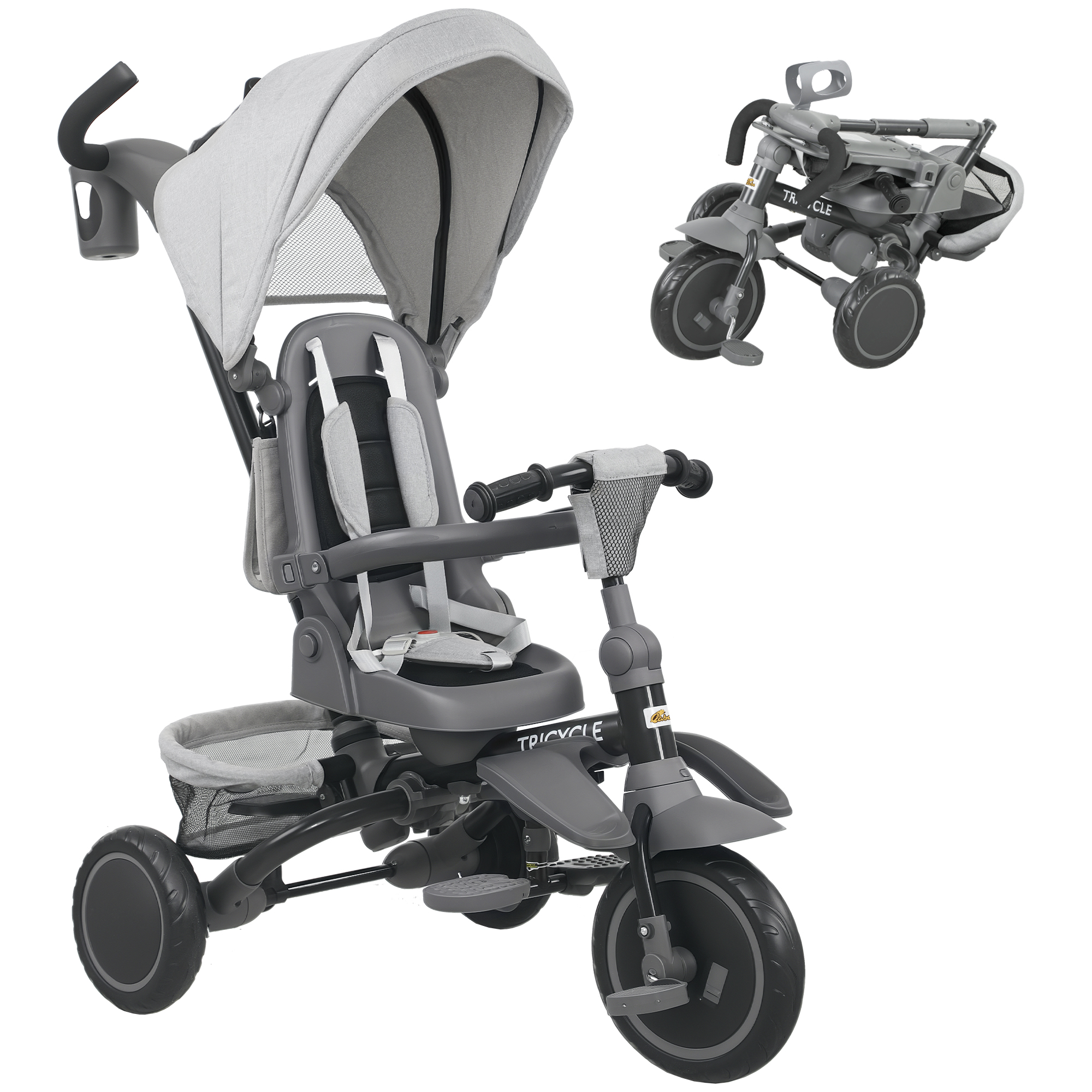 6 in 1 Foldable Kids Trike with Adjustable Parent Handle & Canopy for Ages 1-5, Grey (Drop Shipping Only, Not for Amazon)