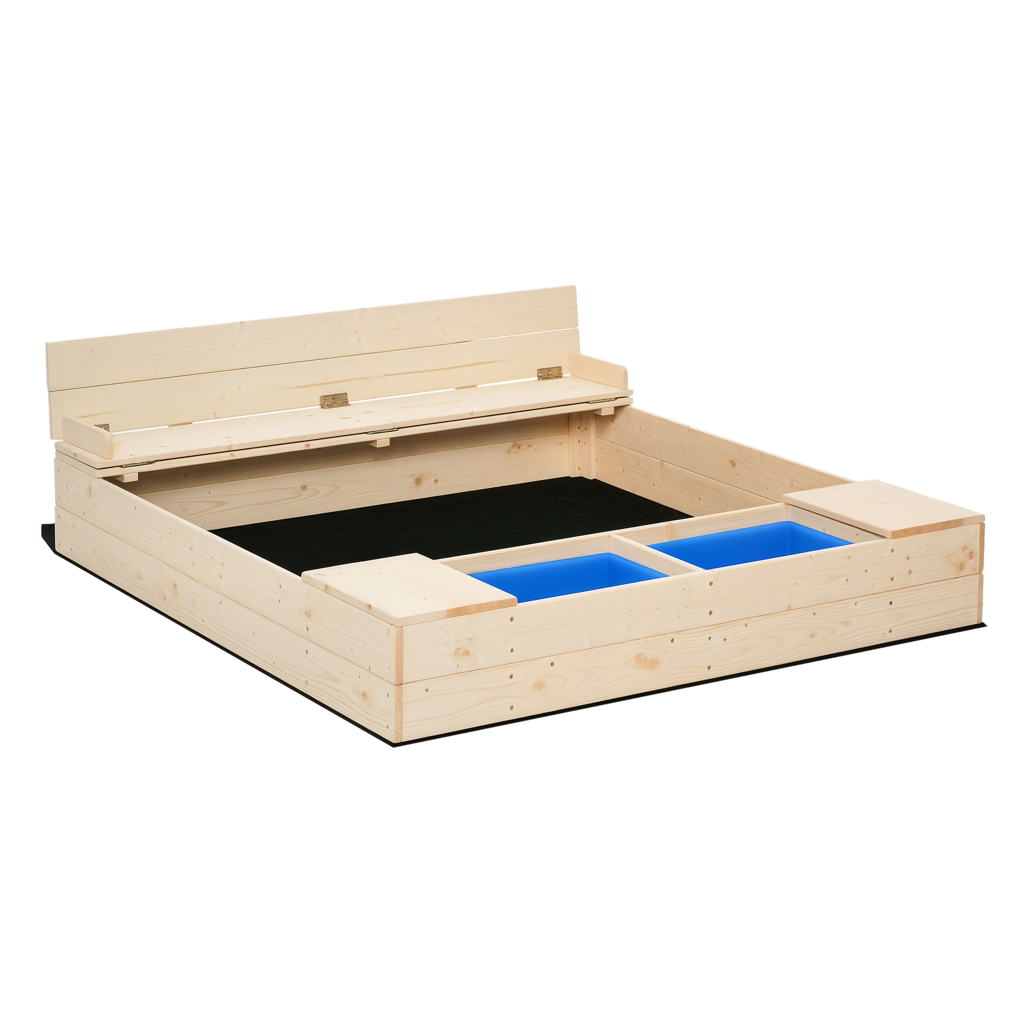 Kids Square Wooden Sandpit Children Sandbox Outdoor Backyard Playset Play Station w/ 2 Side Buckets Convertible Bench Seat Waterproof Cover Bottom Liner Storage Spce Fir Wood 120x120x40cm (Drop Shipping Only, Not for Amazon)
