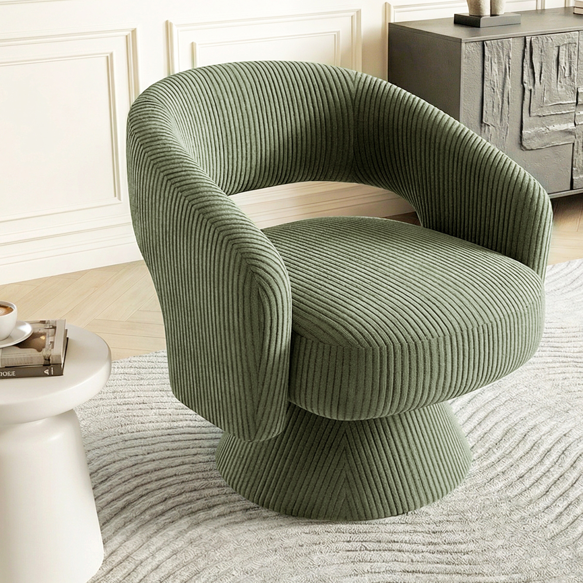 Swivel Barrel Accent Chair, Modern Upholstered Living Room Chair with Thick Padding for Reading, Green (Drop Shipping Only, Not for Amazon)