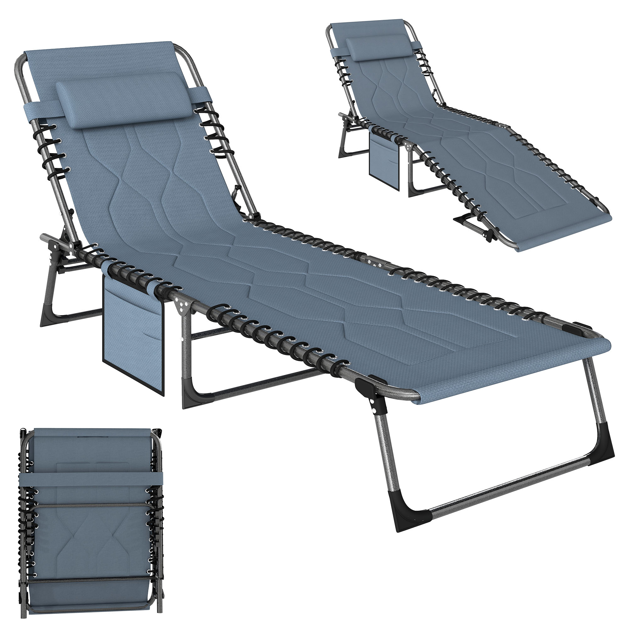 Padded Folding Chaise Lounge Chair, Outdoor 6-Level Reclining Camping Tanning Chair with Headrest for Beach, Yard, Patio, Pool, Gray (Drop Shipping Only, Not for Amazon)
