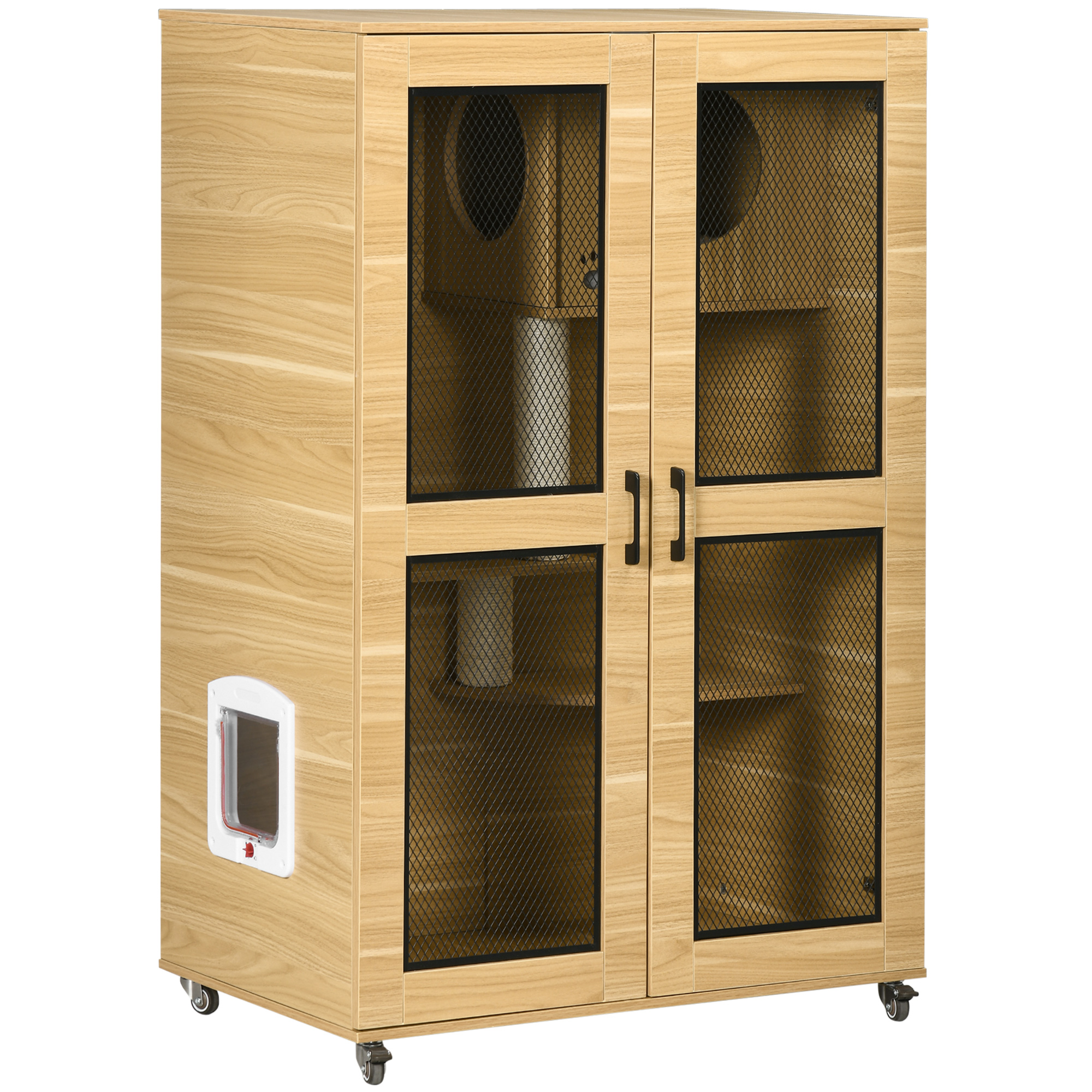 Luxury Cat House with Wheels,  Kitty Cage Catio Villa for Indoor Cats with Scratching Posts, Condo, Flap Door, Cushion, Oak, 31.5