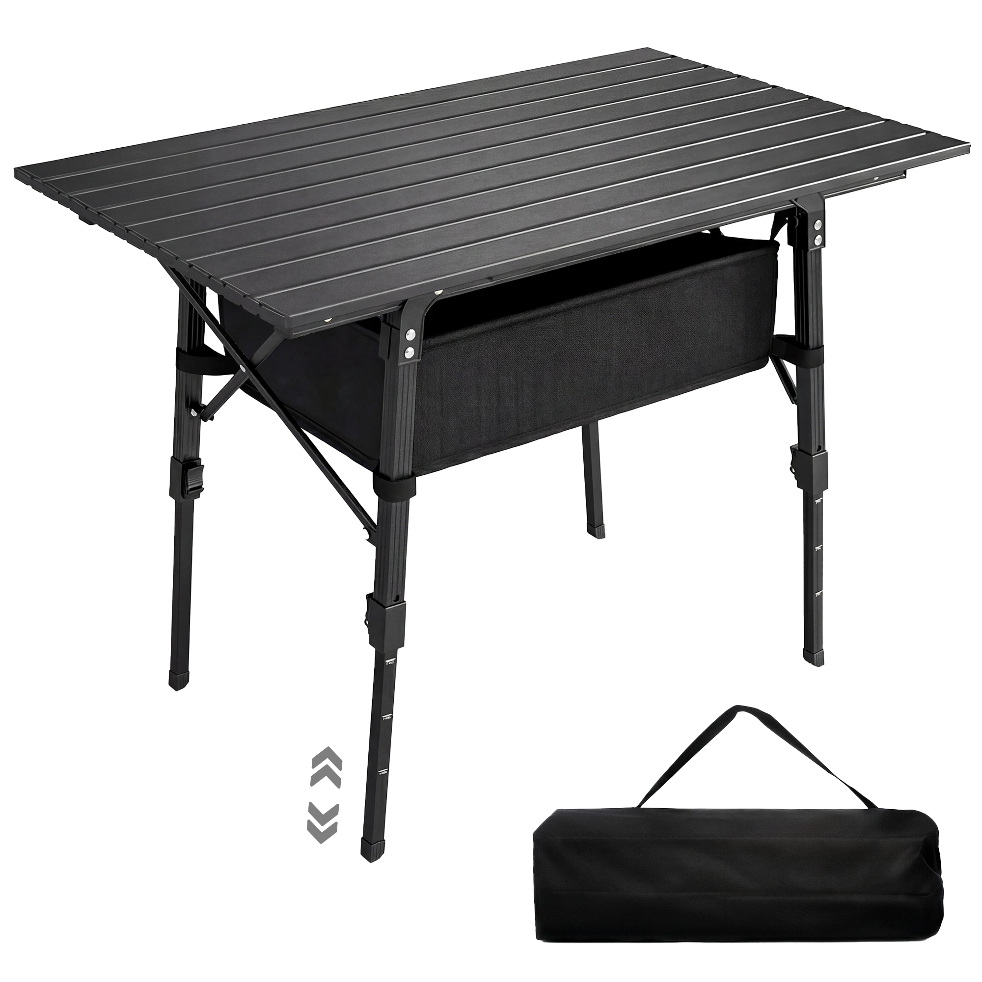 Folding Camping Table, 90 x 55 cm Height Adjustable Portable Collapsible Table, 3ft Lightweight Aluminium Rollup Picnic Table with Storage Basket for Outdoor Garden Party BBQ, Black (Drop Shipping Only, Not for Amazon)