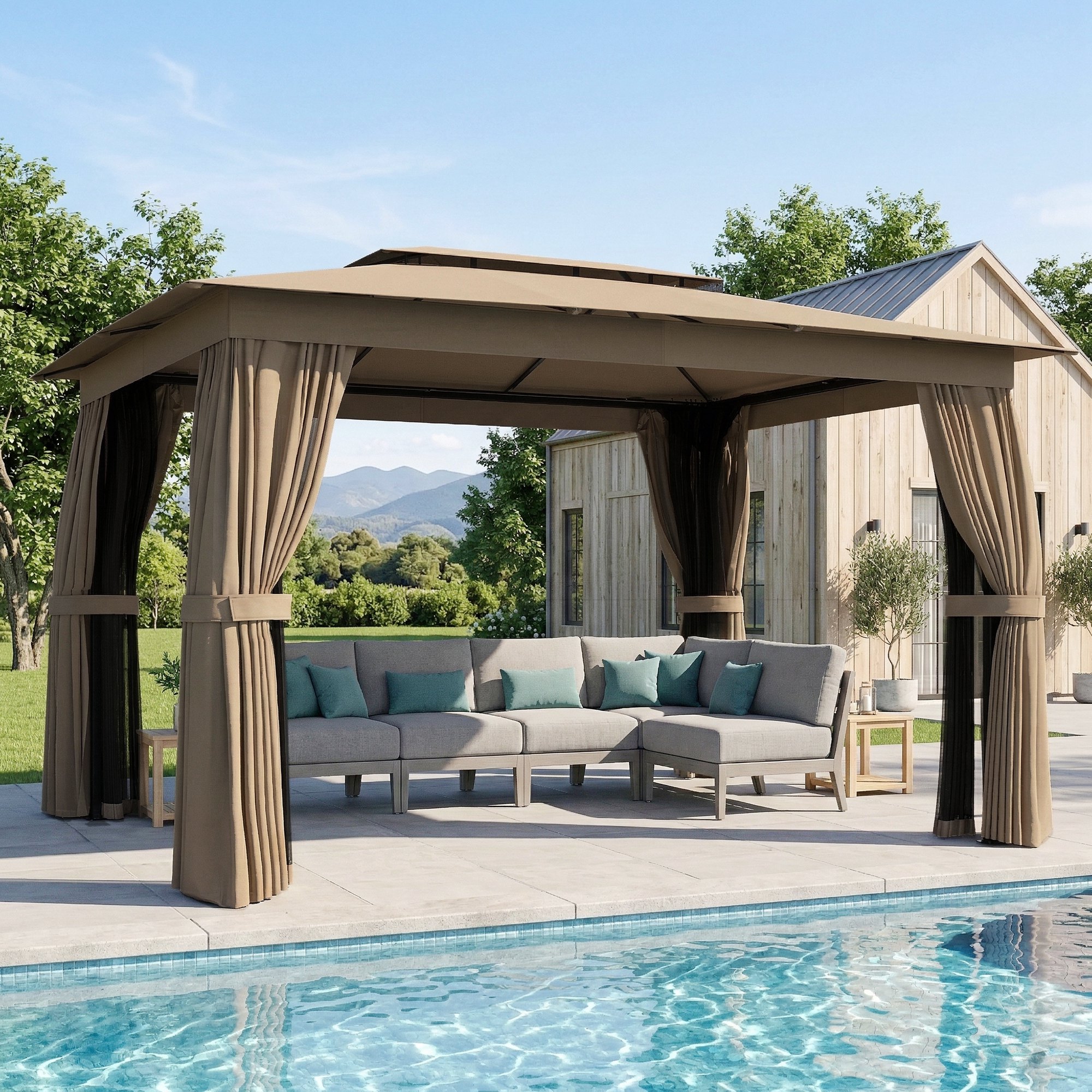 10' x 12' Outdoor Patio Gazebo, Soft Top Gazebo Canopy Shelter with Curtains, Netting, Steel Frame, Hooks, Khaki (Drop Shipping Only, Not for Amazon)