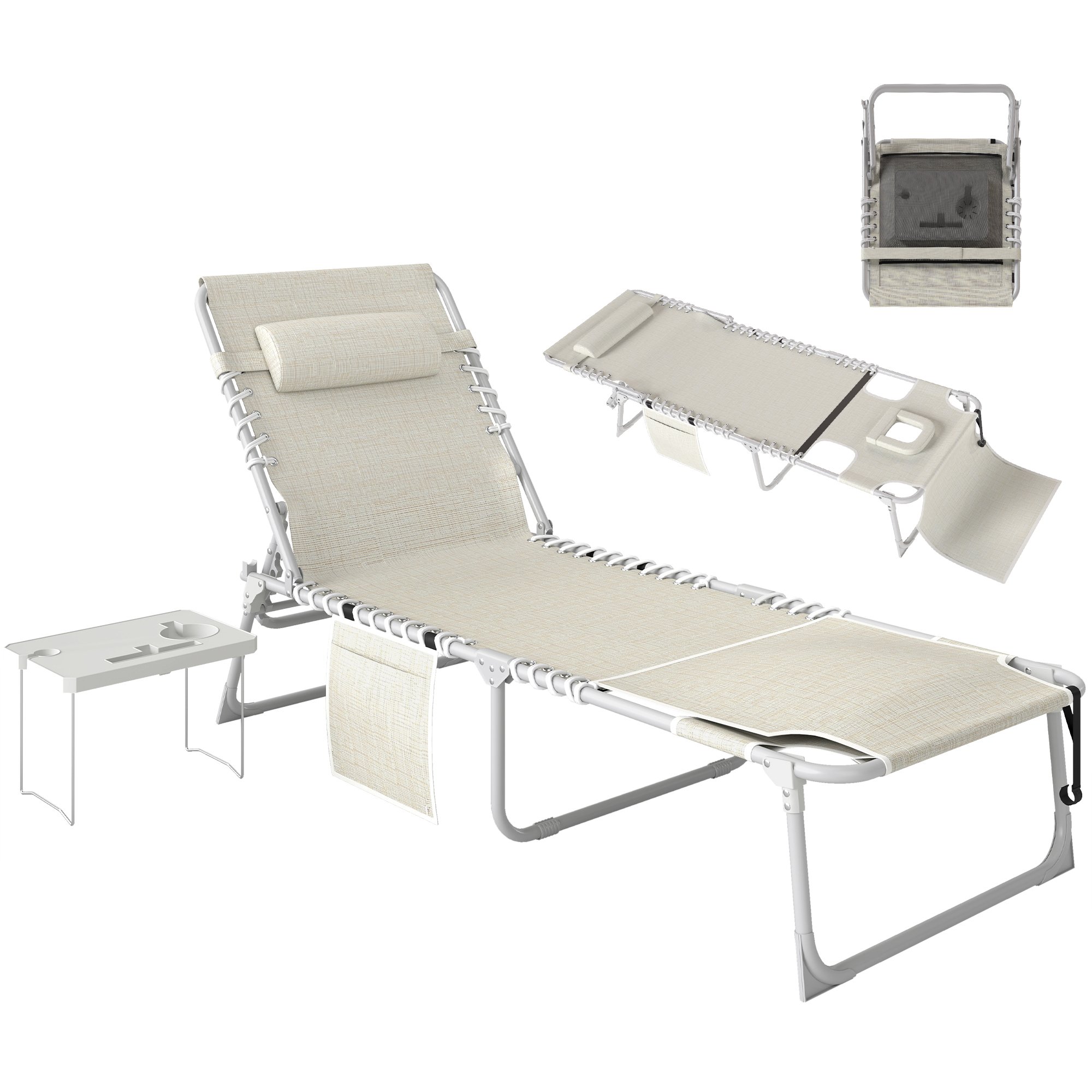 Tanning Chair with Face Hole and Side Table, 5-Position Folding Outdoor Chaise Lounge Chair, Beige (Drop Shipping Only, Not for Amazon)