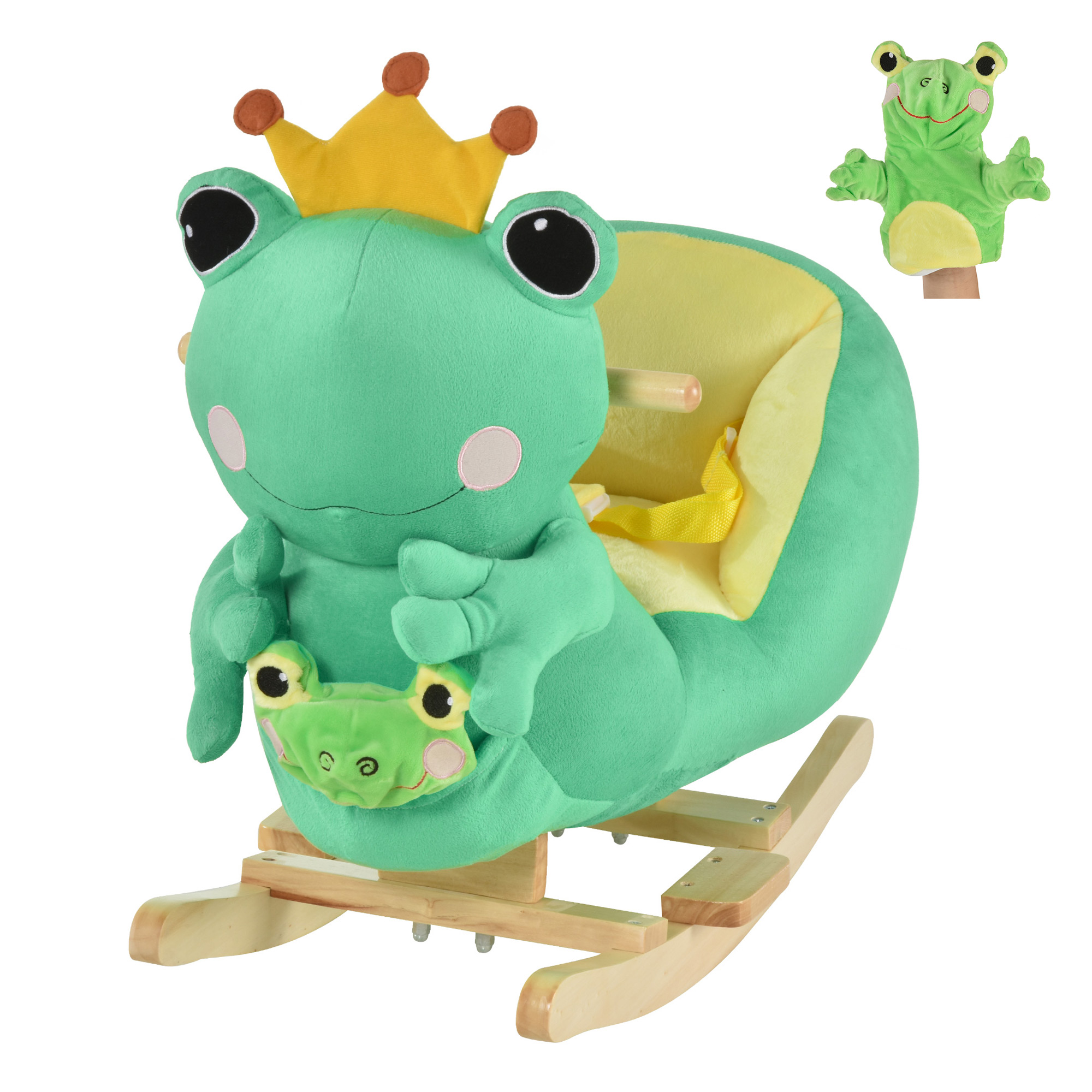 Kids Ride-On Rocking Horse Toy Frog Style Rocker with Fun Music, Seat Belt & Soft Plush Fabric Hand Puppet for Children 18-36 Months (Drop Shipping Only, Not for Amazon)