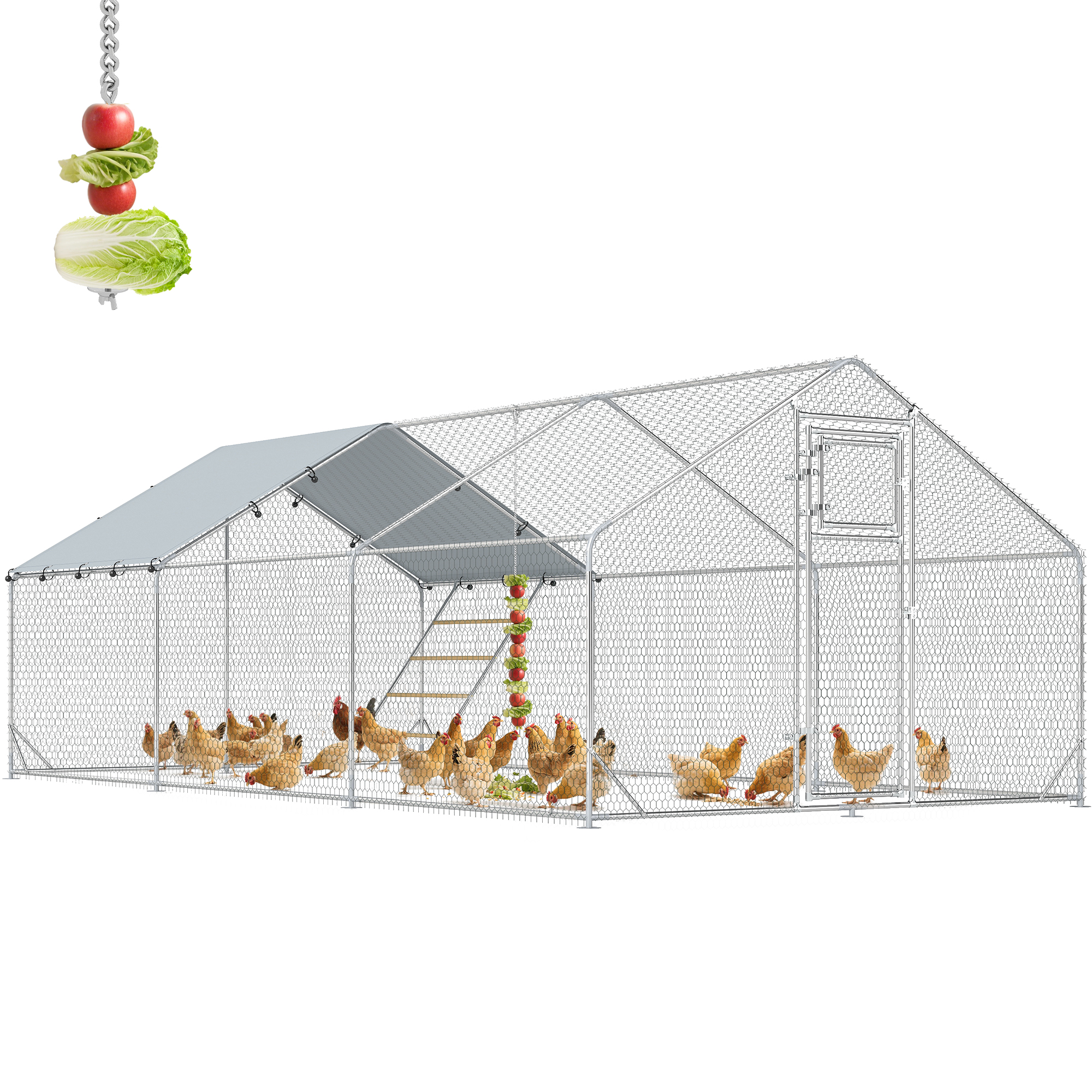 Metal Chicken Run w/ Waterproof & Anti-UV Cover, Feeding Door, Hanging Feeder, for 18-24 Chickens, 9.8' x 19.7' x 6.4' (Drop Shipping Only, Not for Amazon)