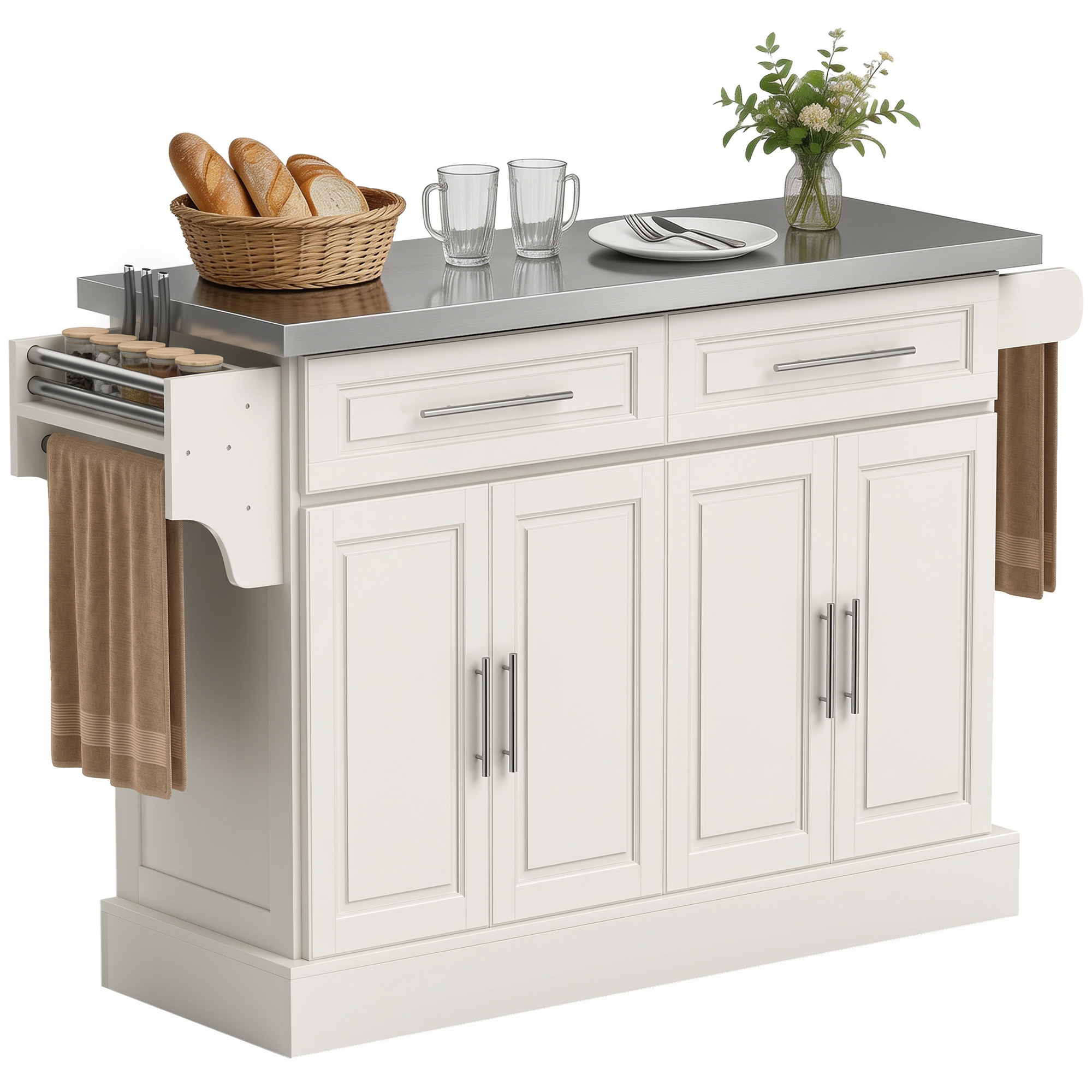Rolling Kitchen Island with Stainless Steel Top, 2 Drawers, Spice, Knife and Towel Rack and Cabinets, Cream White (Drop Shipping Only, Not for Amazon)