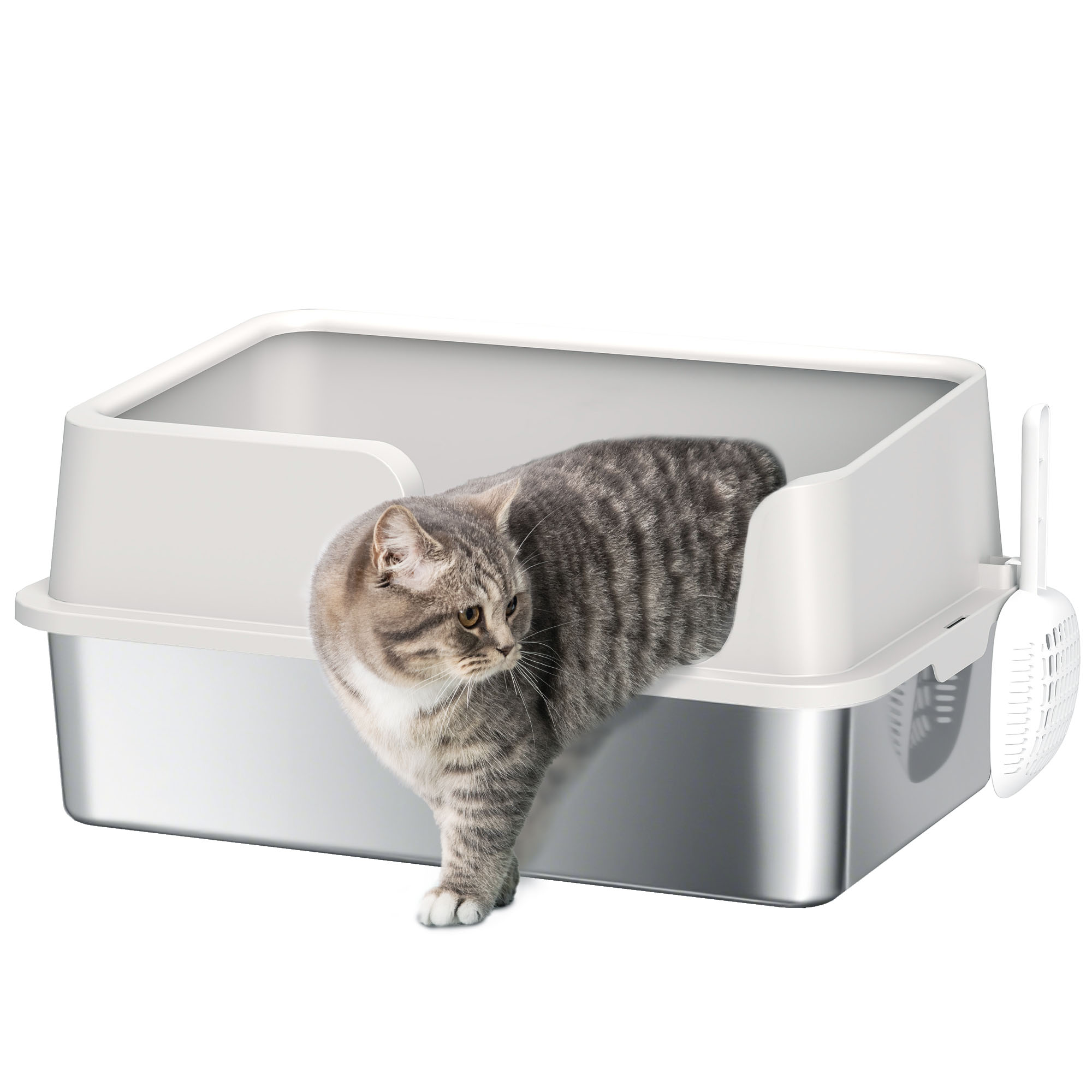 Stainless Steel Litter Box with Detachable Rim, Scoop, Easy Cleaning, Odour-Resistant, 60 x 40 x 28 cm (Drop Shipping Only, Not for Amazon)