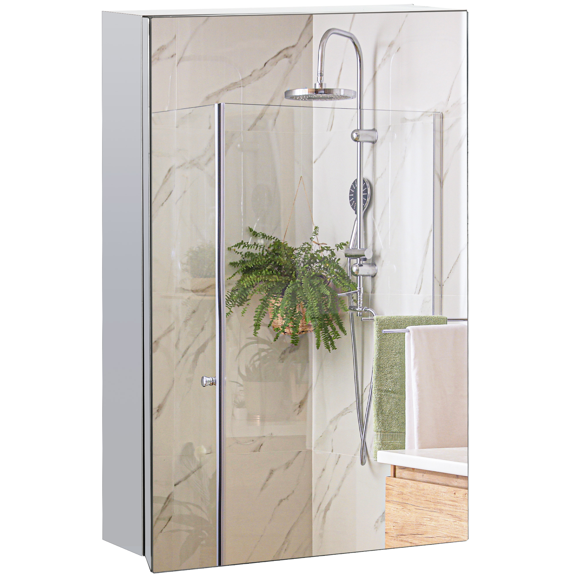 Wall Mounted Bathroom Medicine Cabinet Mirrored Cabinet with Hinged Door 3-Tier Storage Shelves Silver (Drop Shipping Only, Not for Amazon)
