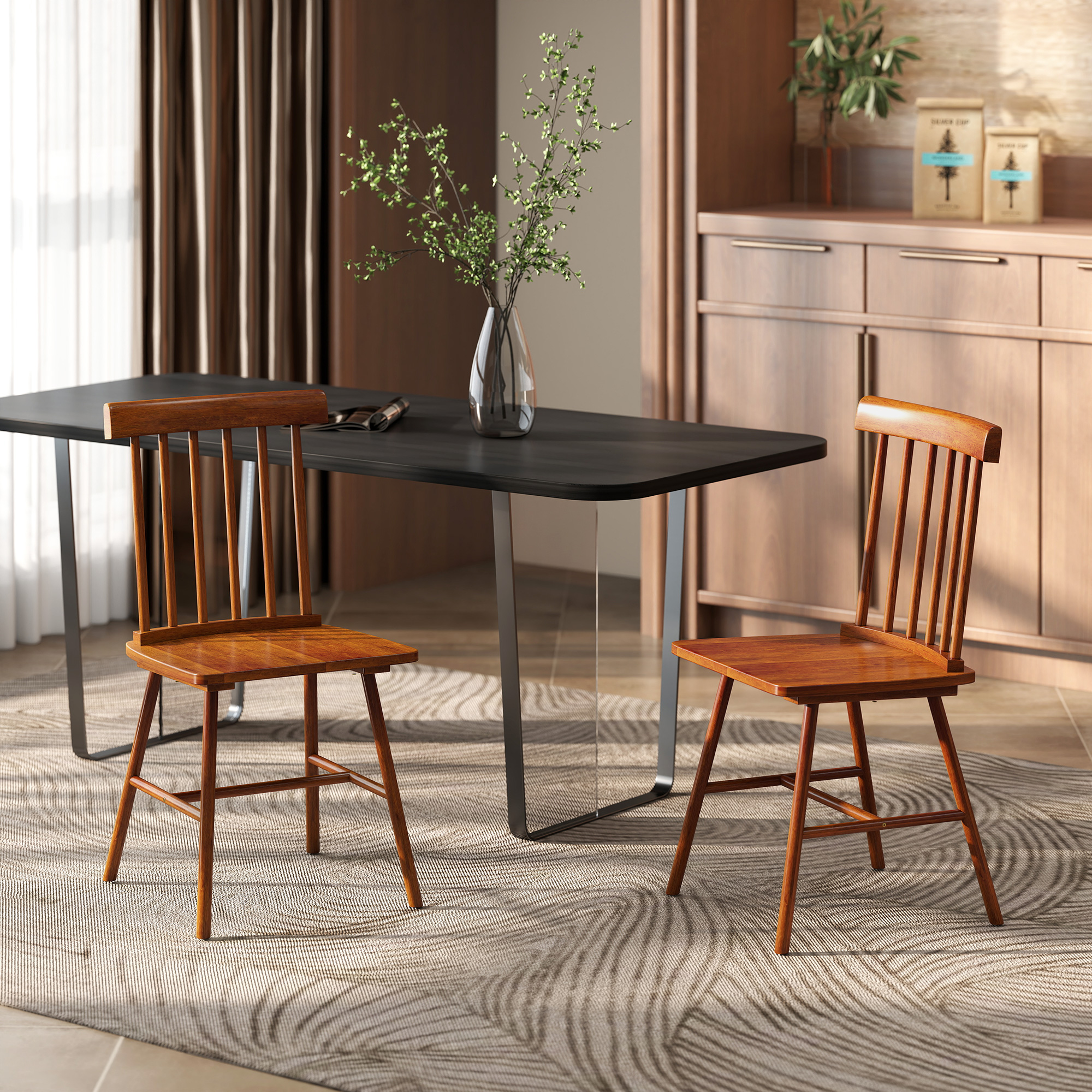 Dining Chairs Set of 2, Farmhouse Wood Kitchen Chairs with Rubber Wood Frame, Spindle Back for Dining Room, Light Brown (Drop Shipping Only, Not for Amazon)