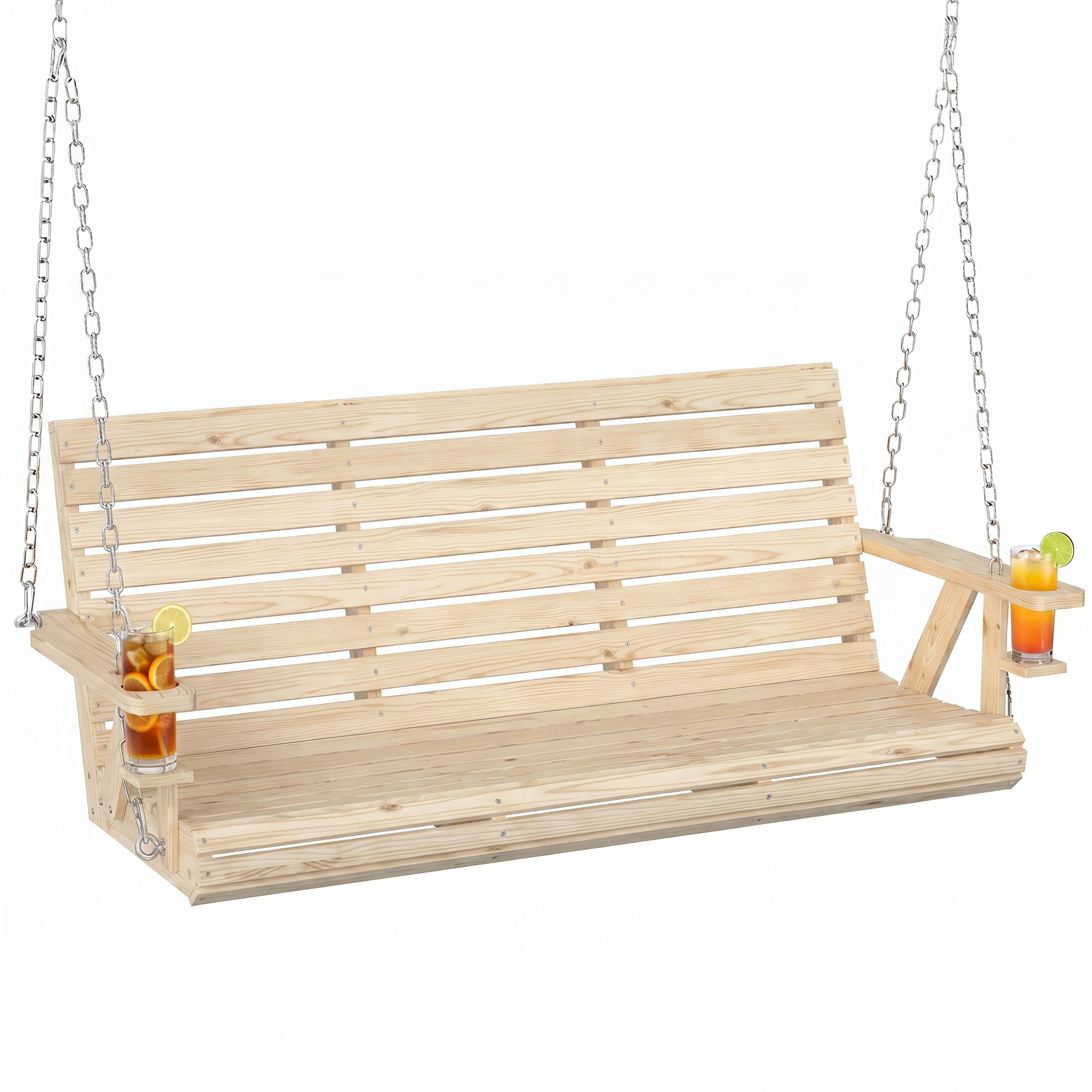 3-Seater Swing Bench, Wooden Porch Swing with Cupholders, Hanging Chains for Patio Garden, Nature Wood (Drop Shipping Only, Not for Amazon)