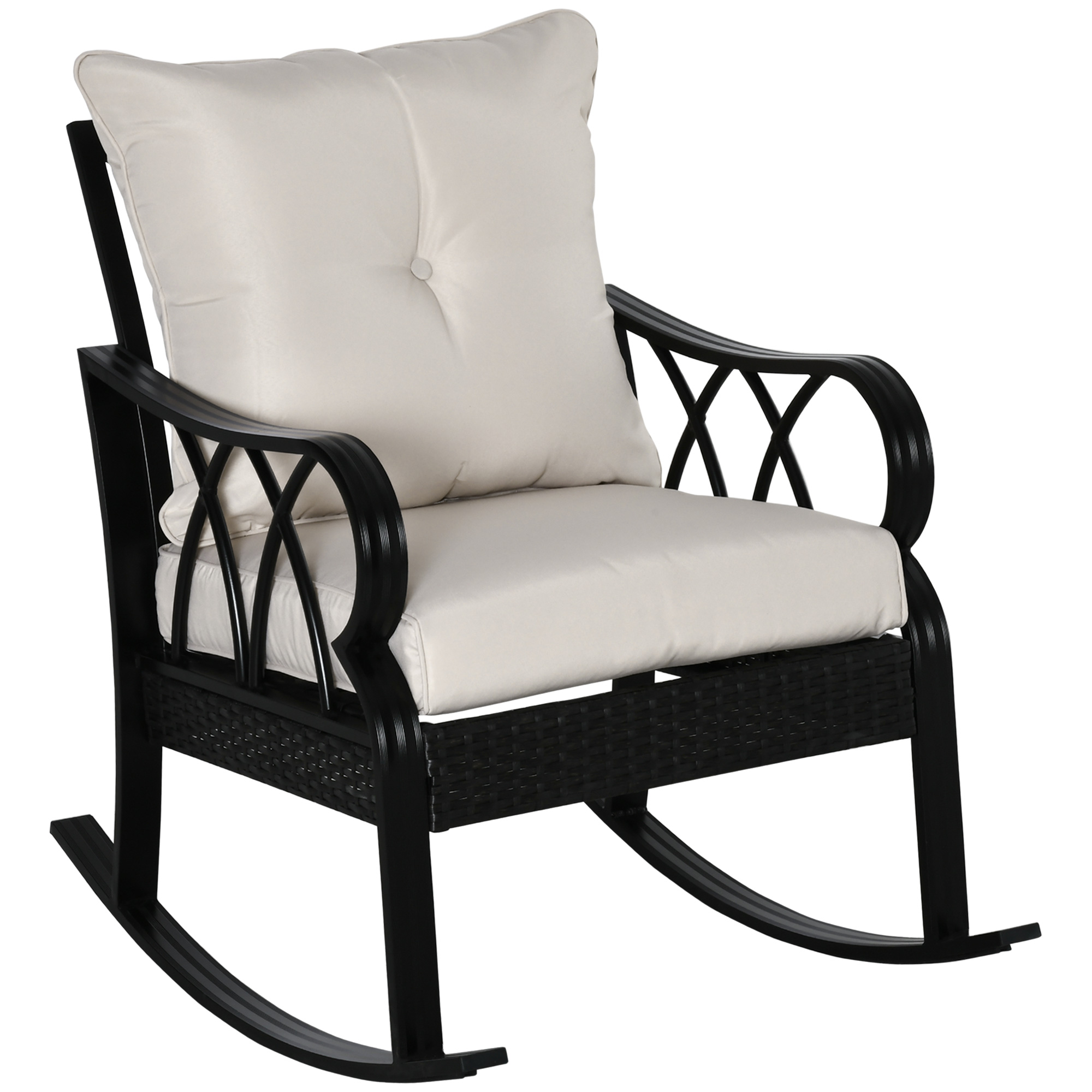 Outdoor Wicker Rocking Chair with Padded Cushions, Aluminum Furniture Rattan Porch Rocker Chair w/ Armrest for Garden, Patio, and Backyard, Khaki (Drop Shipping Only, Not for Amazon)