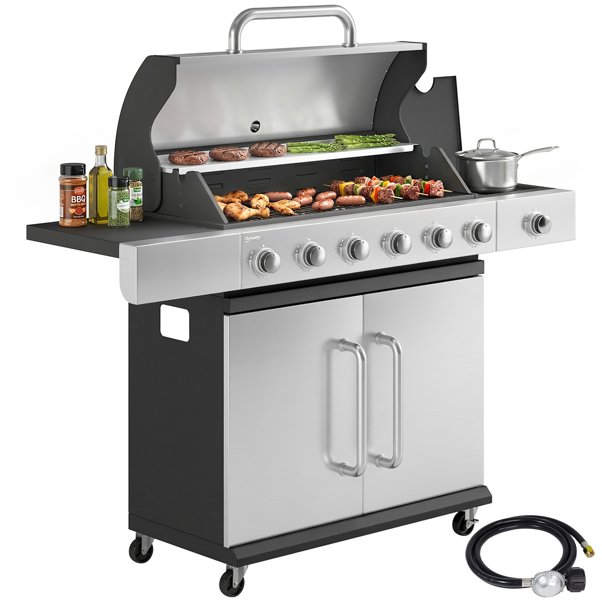 6 Burner Propane Gas Grill with Side Burner, Barbecue Grill with Cast Iron Grates, Wheels, Side Tables, Cabinet (Drop Shipping Only, Not for Amazon)