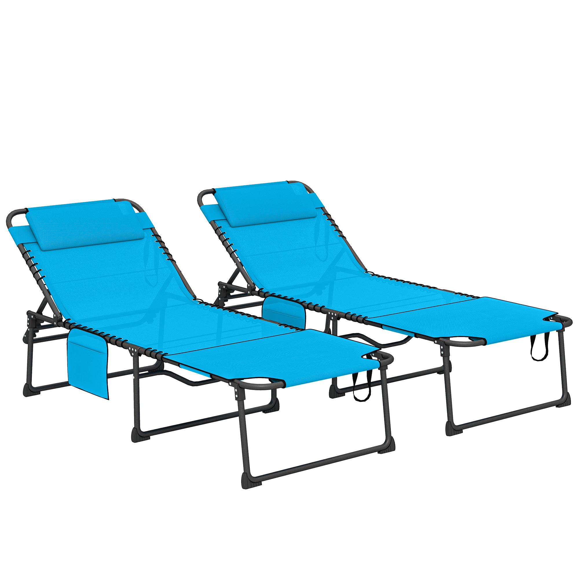 2 Piece Folding Chaise Lounge Pool Chairs with 5-level Reclining Back, Reading Hole, Side Pocket, Gray (Drop Shipping Only, Not for Amazon)
