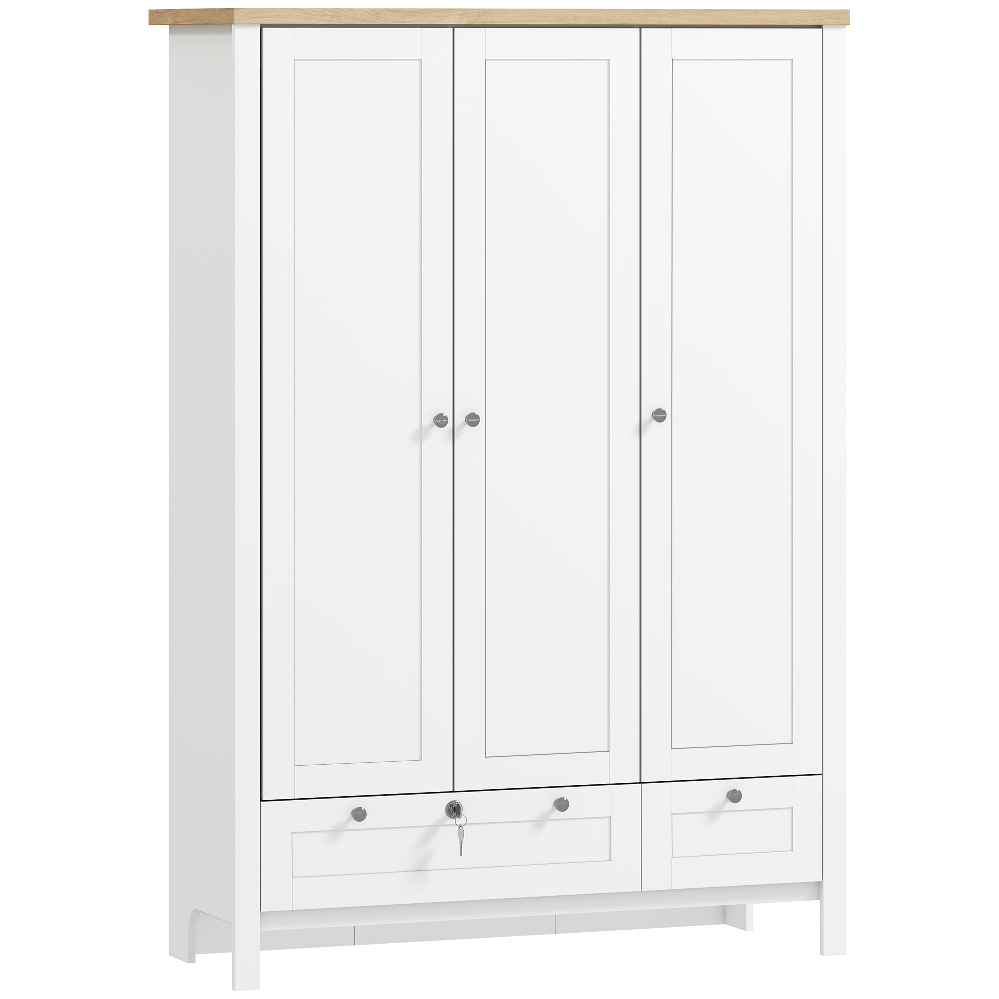 3 Doors Wardrobe Closet with 2 Drawers, Bedroom Armoire with Lockable Drawer, Hanging Rod and Storage Shelves, White (Drop Shipping Only, Not for Amazon)