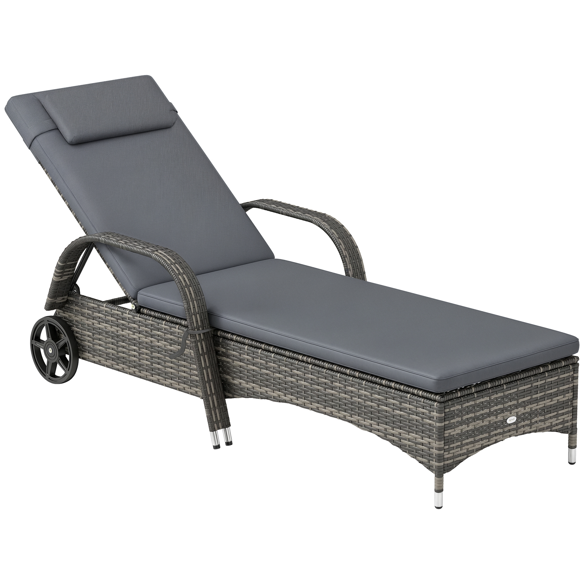 Outdoor Chaise Lounge, 5-Level Adjustable Backrest Rattan Pool Lounge Chair with Wheels, Cushion & Headrest, Gray (Drop Shipping Only, Not for Amazon)