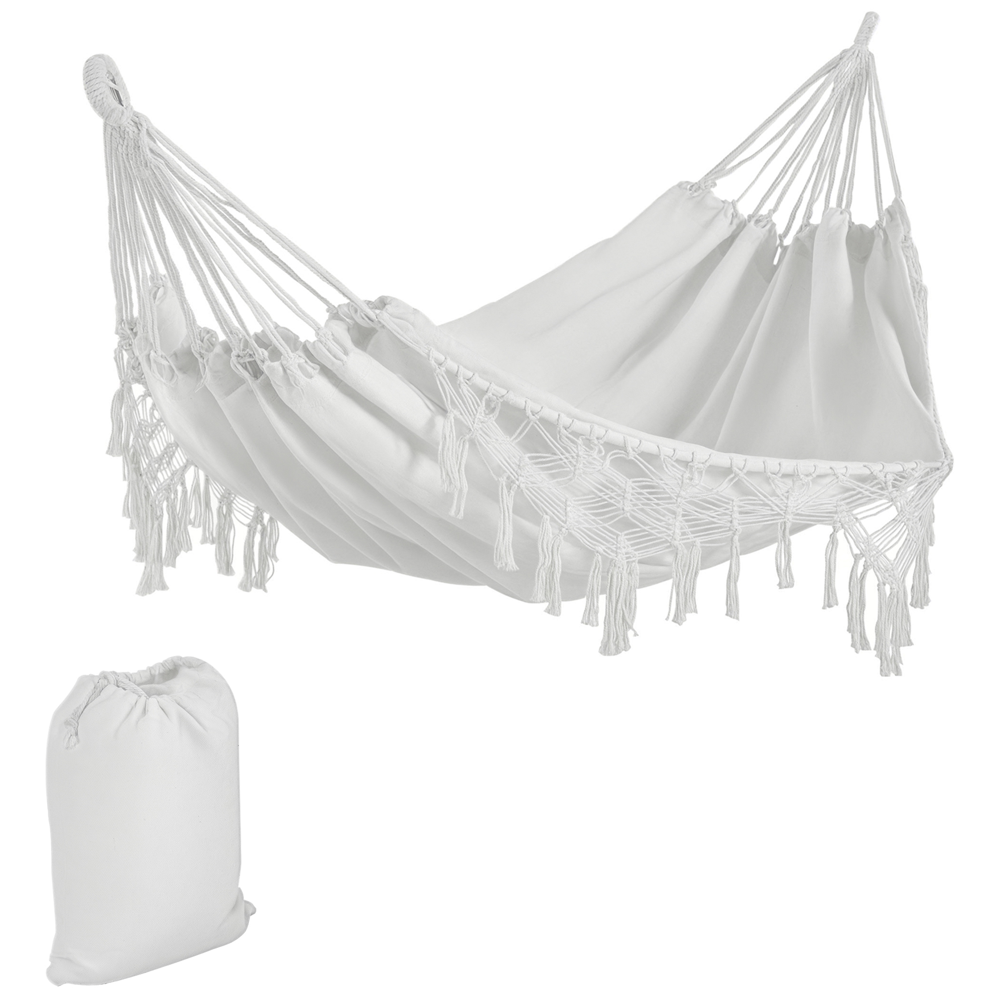 Extra Large Boho Hammock with Macrame Tassel Fringe, Includes Carrying Bag, Indoor Outdoor Tree Hammock, White (Drop Shipping Only, Not for Amazon)