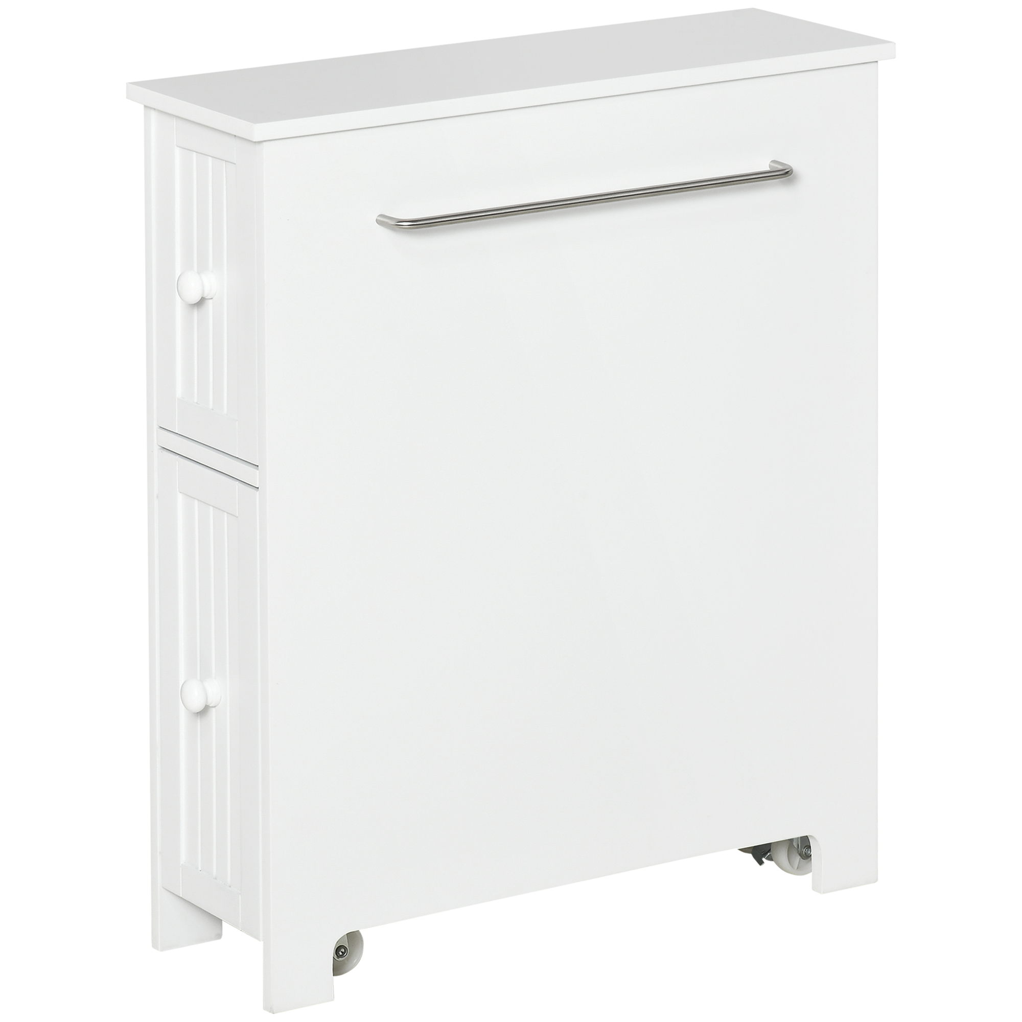 Slim Bathroom Cabinet, Freestanding Storage Cabinet, Toilet Paper Holder with Two Drawers, Side Towel Rack, and Wheels, 7 x 20.5 x 24.75 Inches, White (Drop Shipping Only, Not for Amazon)