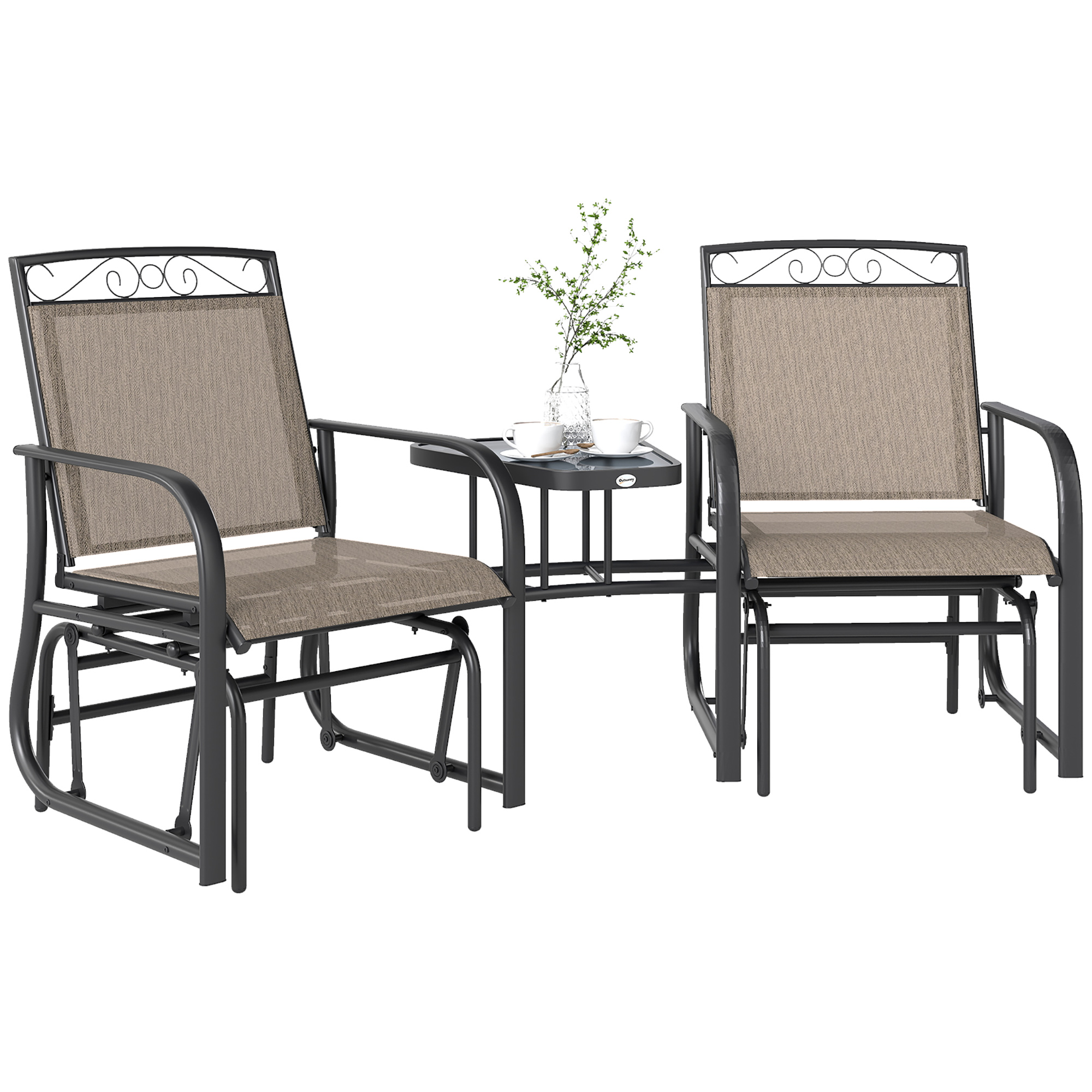 Outdoor Glider Chairs with Coffee Table, Patio 2-Seat Rocking Chair Swing with Breathable Sling for Backyard, Garden and Porch, Brown (Drop Shipping Only, Not for Amazon)