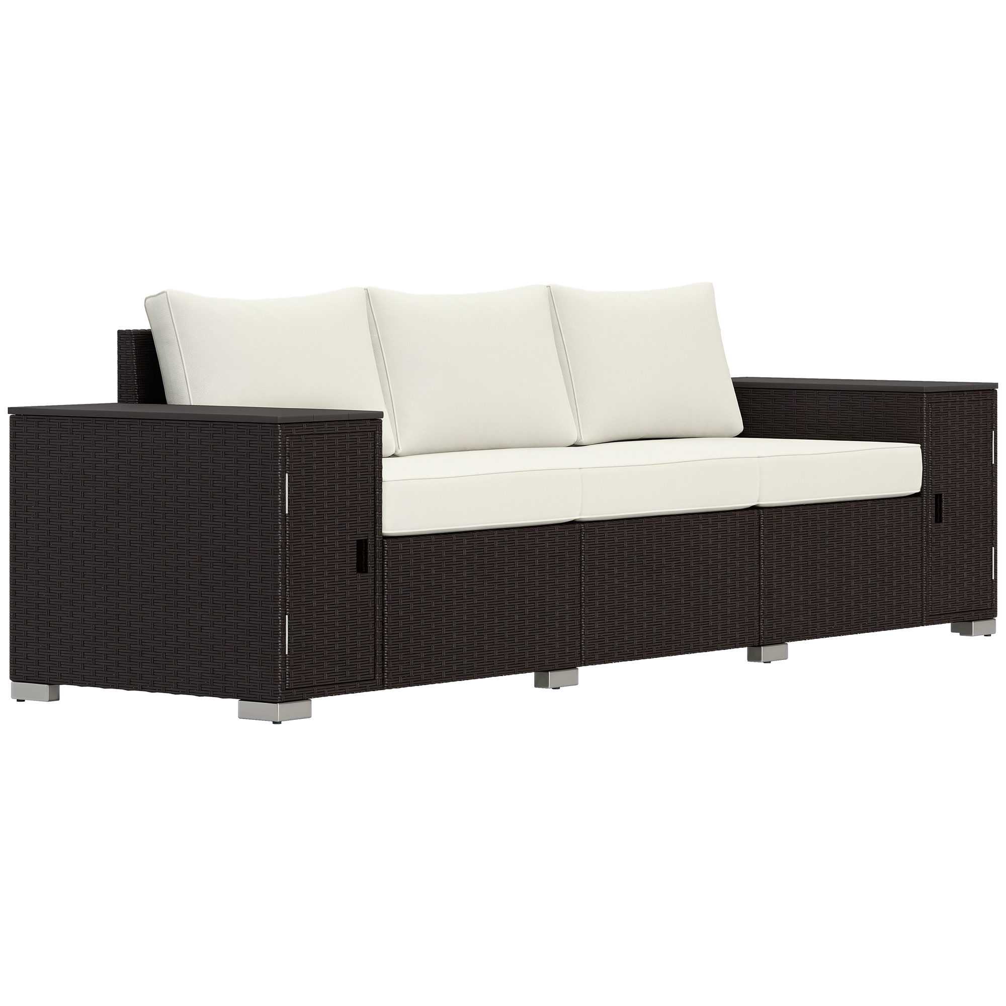 3 Seater Wicker Outdoor Couch Patio Sofa with Storage, Thickened Cushions and Wide Armrests for Porch Yard, Cream White (Drop Shipping Only, Not for Amazon)