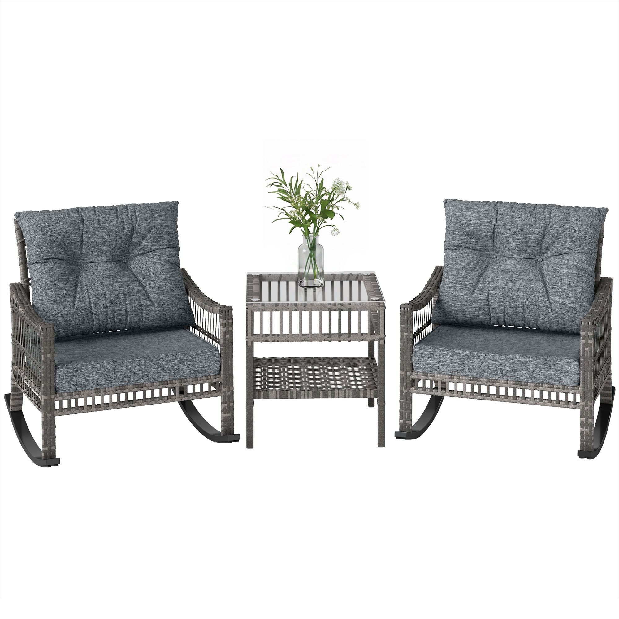 3 Piece Outdoor PE Rattan Rocker Chair Set, Rocking Chair with Tempered Glass Table Top, Gray (Drop Shipping Only, Not for Amazon)