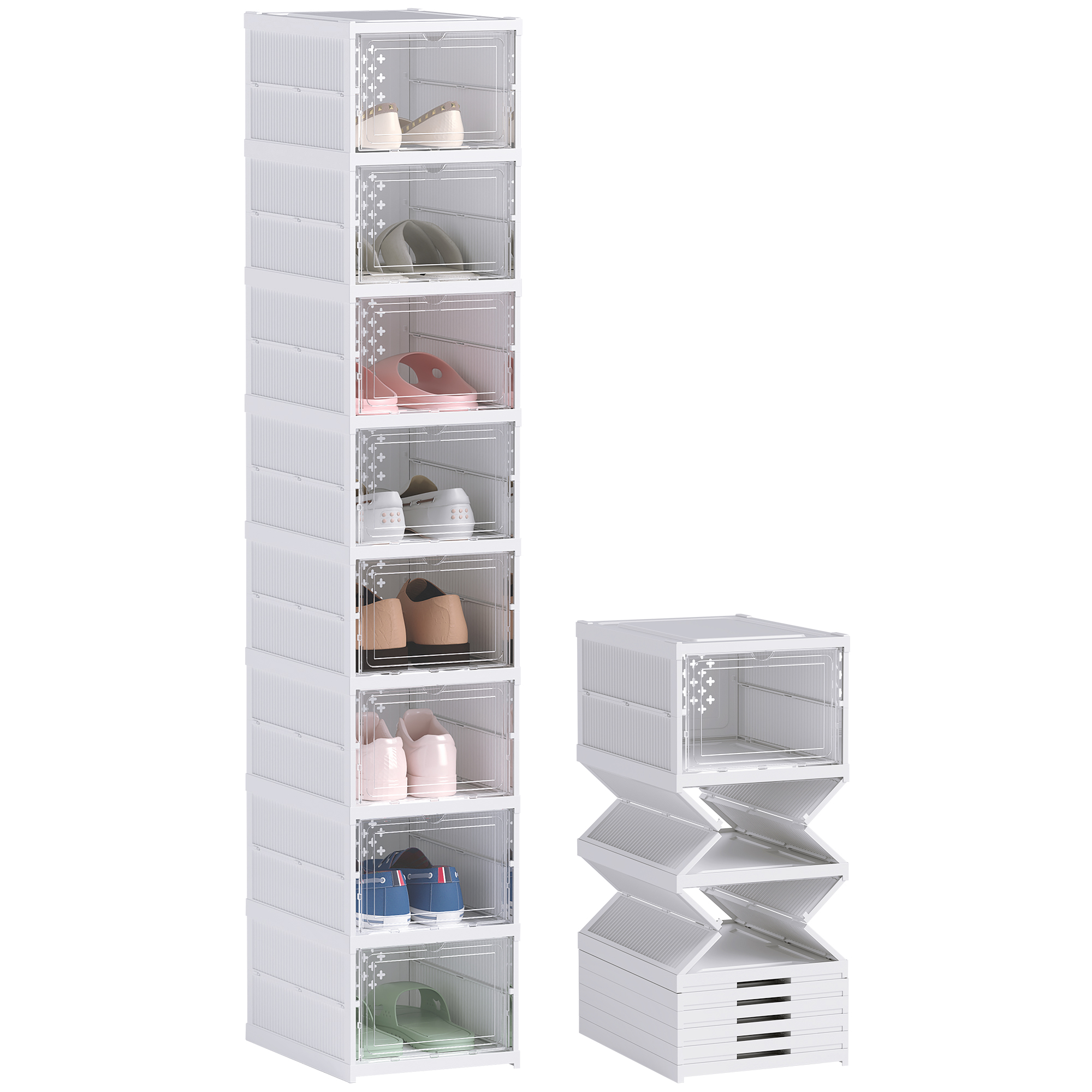 Stackable Plastic Shoe Boxes, 8 Pack Foldable Shoe Storage Boxes with Clear Door, No Assembly, Fit Size 10, White (Drop Shipping Only, Not for Amazon)