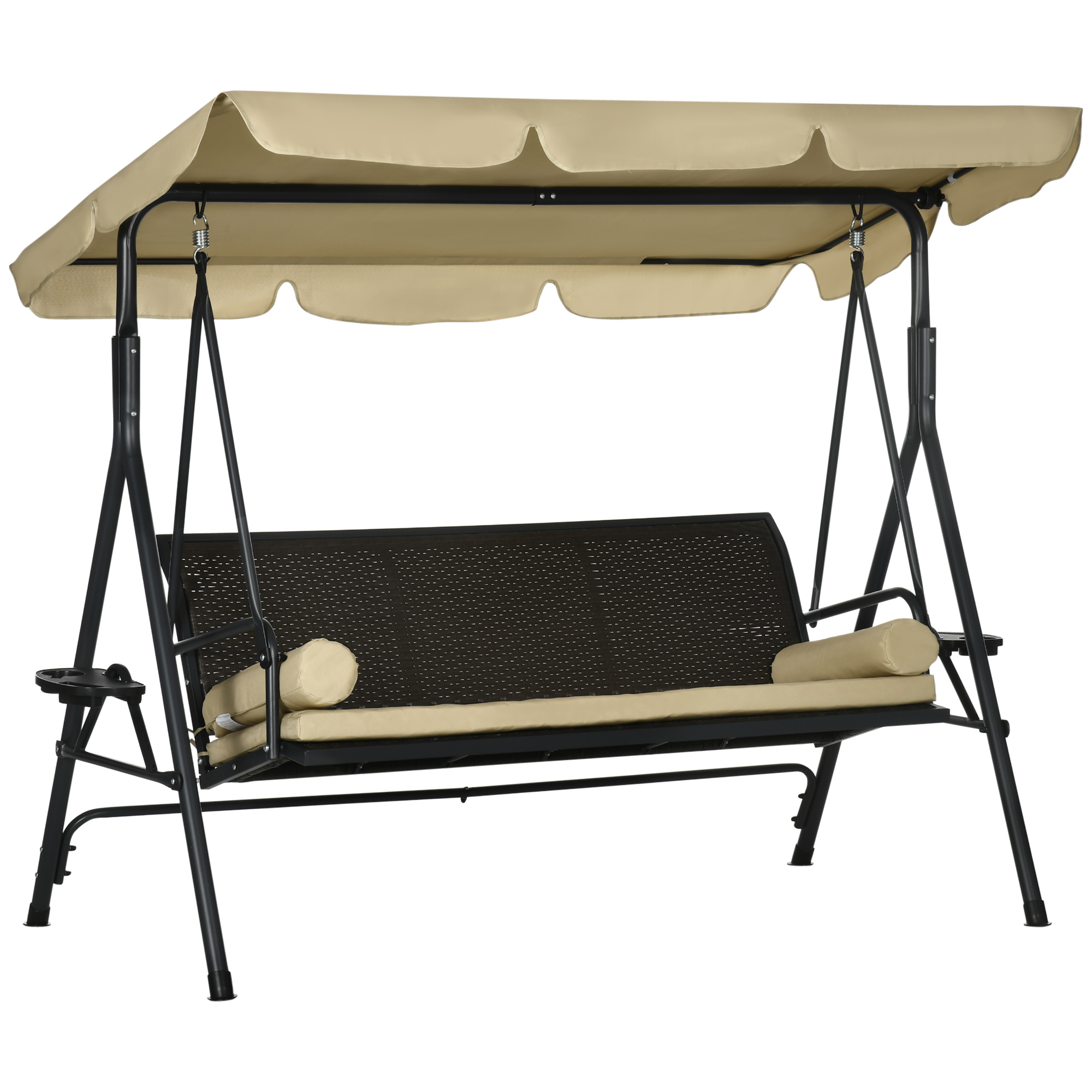 3-Seat Patio Swing Chair, Outdoor Canopy Swing Glider with Removable Cushion, Pillows, Adjustable Shade, and Rattan Seat, for Porch, Garden, Poolside, Backyard (Drop Shipping Only, Not for Amazon)