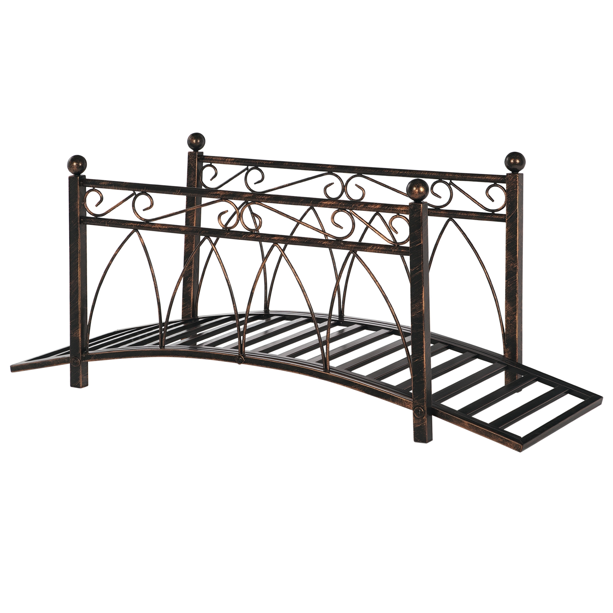 3.3' Metal Arch Zen Garden Bridge with Safety Siderails, Decorative Footbridge, Delicate Scrollwork & Corner Spheres for Stream, Fish Pond, Bronze (Drop Shipping Only, Not for Amazon)