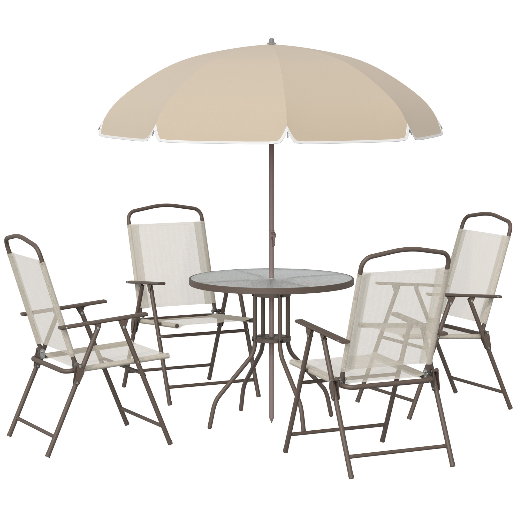 Garden Patio Texteline Folding Chairs Plus Table and Parasol Furniture Bistro Set 6 Pieces - Beige (Drop Shipping Only, Not for Amazon)