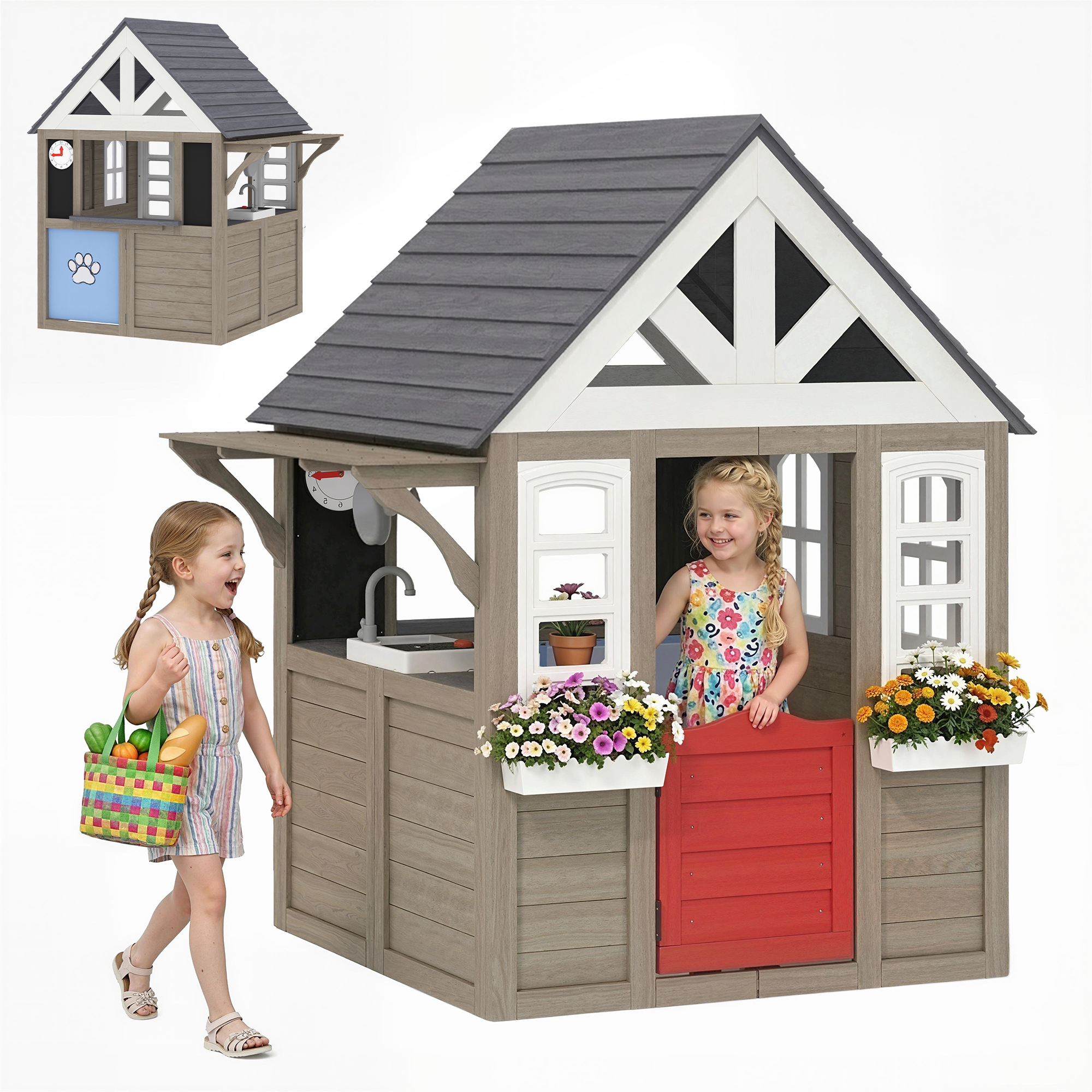 Outdoor Playhouse, Wooden Kids Playhouse with Dog Door, Flower Box, Cookware & Window for Garden Ages 2+, Gray (Drop Shipping Only, Not for Amazon)