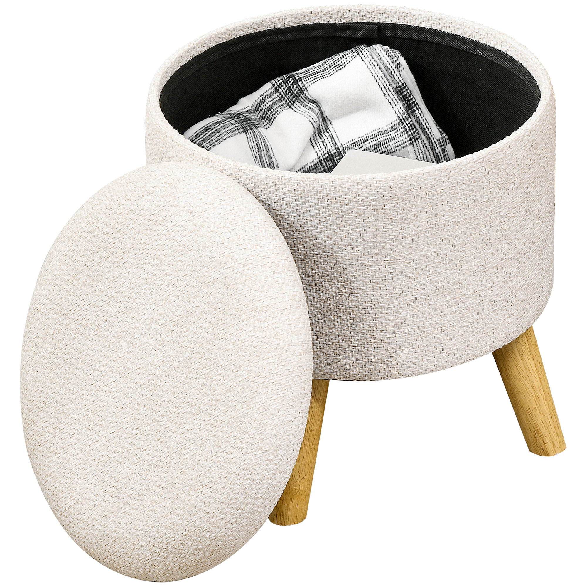 Round Ottoman Stool with Storage, Linen Fabric Upholstered Foot Stool with Padded Seat, Hidden Space and Wood Legs (Drop Shipping Only, Not for Amazon)