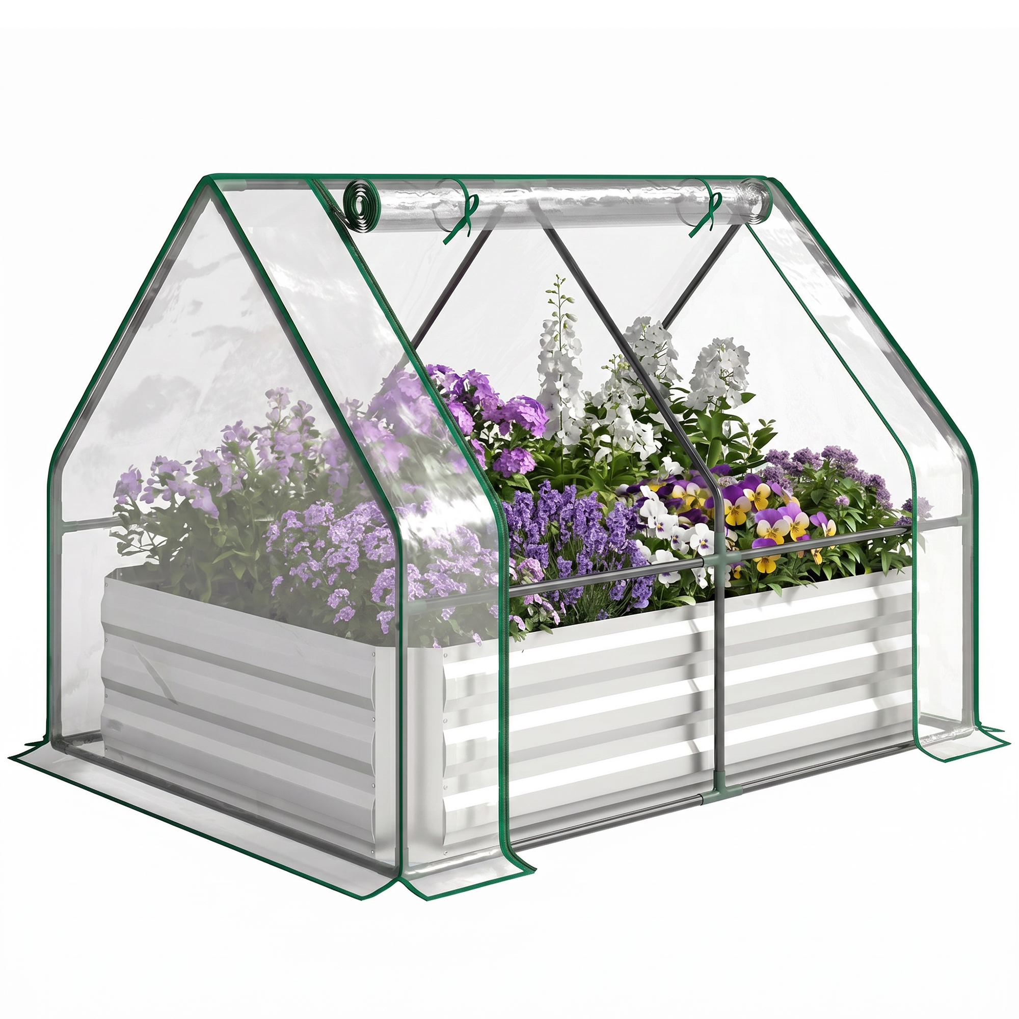 Raised Garden Bed with Cover, Outdoor Galvanized Metal Planter Box Kit, 4 x 3 ft Mini Greenhouse with 2 Large Screen Windows, for Growing Flowers, Vegetables and Herbs, Clear (Drop Shipping Only, Not for Amazon)