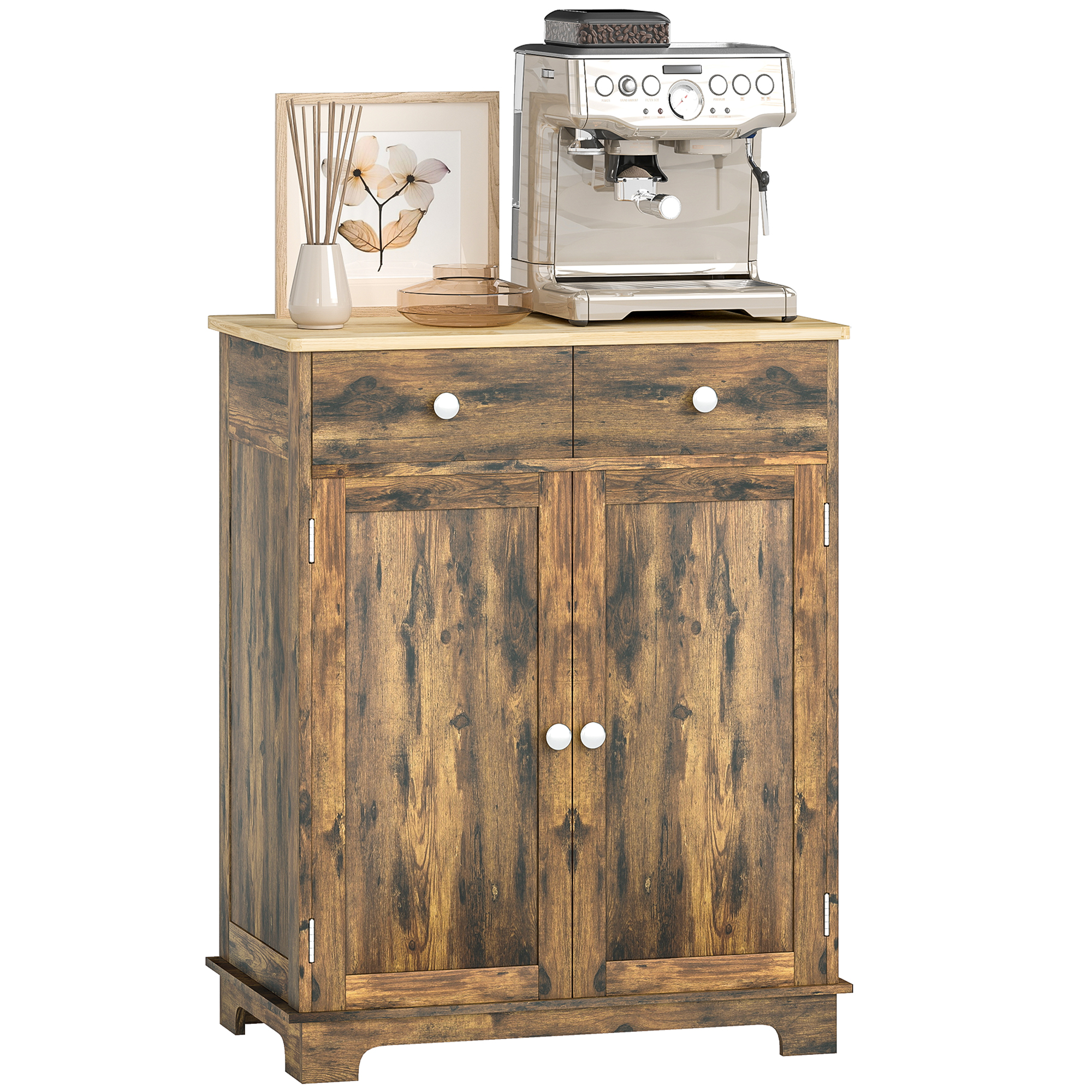 Kitchen Storage Cabinet, Sideboard Floor Cupboard with Solid Wood Top, Adjustable Shelf, and 2 Drawers, Black (Drop Shipping Only, Not for Amazon)