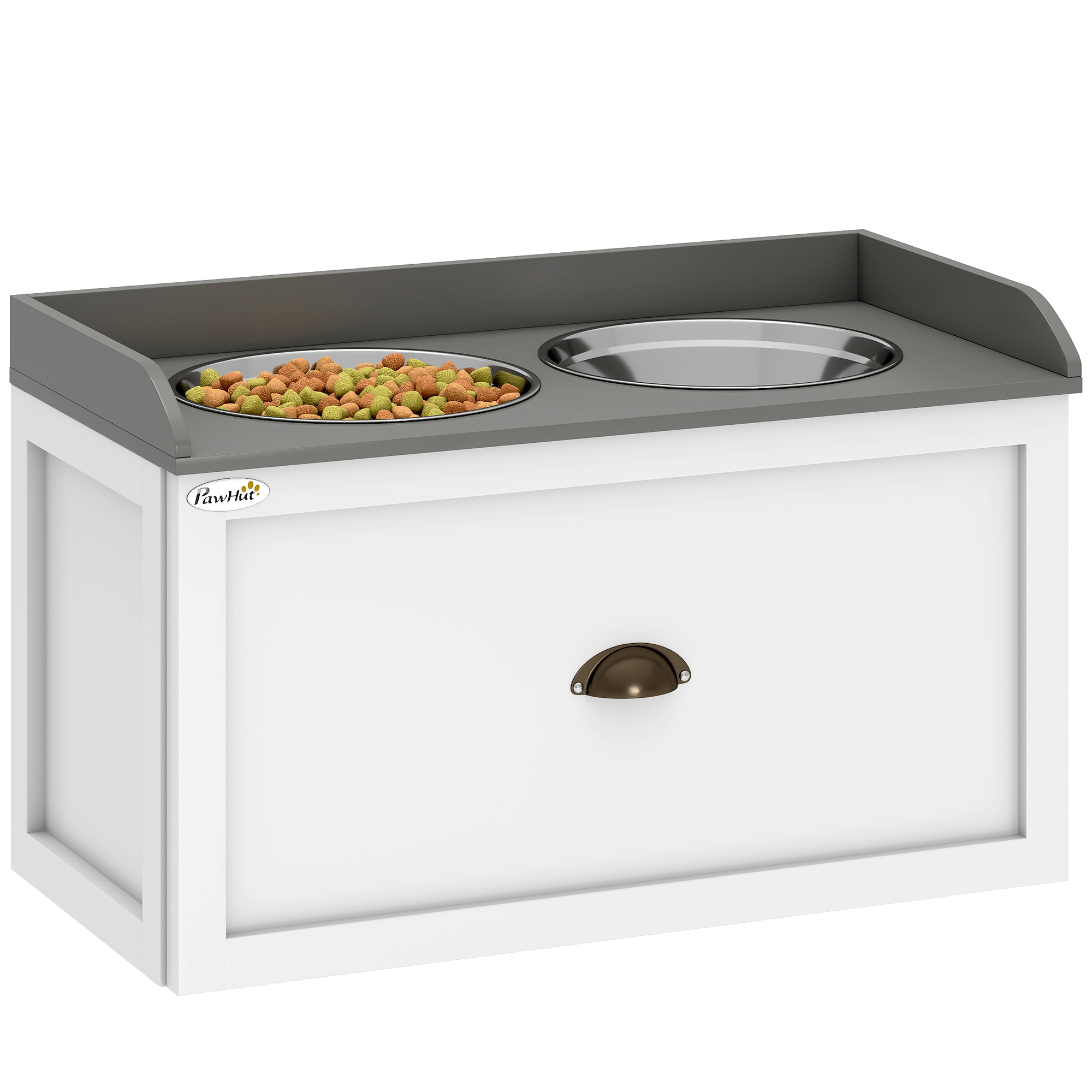 Stainless Steel Raised Dog Bowls, with 21L Storage Drawer for Large Dogs and Cats - White (Drop Shipping Only, Not for Amazon)