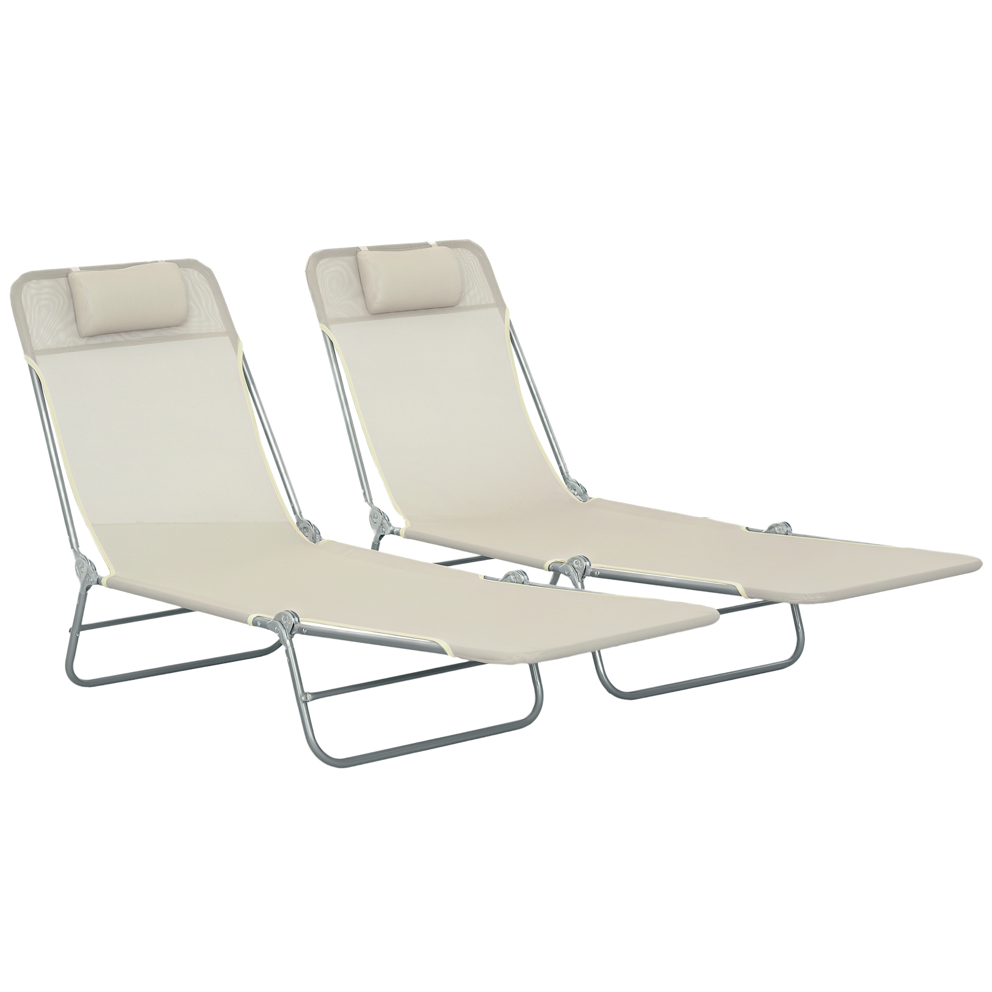 2 Piece Sun Loungers, Folding Chaise Lounge Chairs with Reclining Back, Breathable Mesh Seat, Headrest, Cream White (Drop Shipping Only, Not for Amazon)