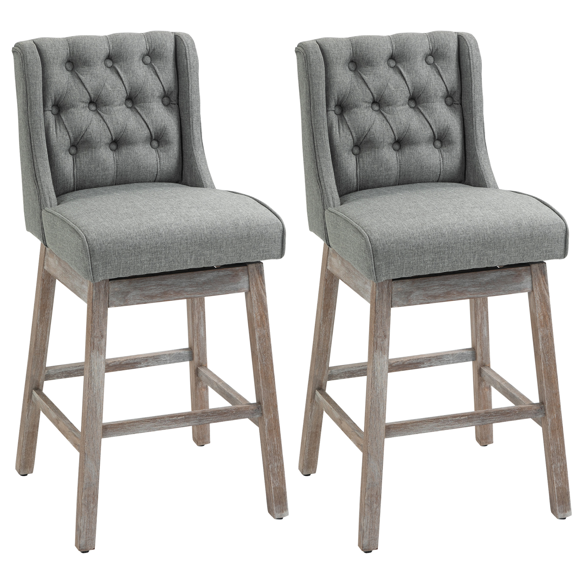Bar Height Bar Stools Set of 2, 180 Degree Swivel Barstools with Solid Wood Footrests and Button Tufted Design, 30