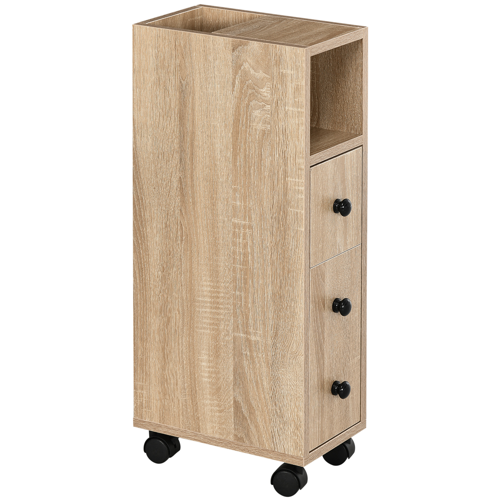 Freestanding Compact Design Bathroom Cabinet with 2 Open Cabinets, 1 Door Cabinet, 1 Drawer and 4 Rolling Wheels, Oak (Drop Shipping Only, Not for Amazon)