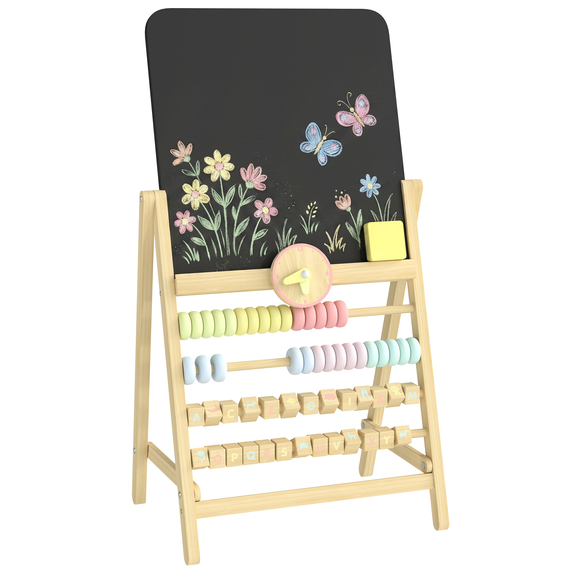 Wooden Kids Art Easel with Double-Sided Chalkboard, Clock, Abacus, Blackboard Eraser for Painting, for Ages 2+, Natural (Drop Shipping Only, Not for Amazon)