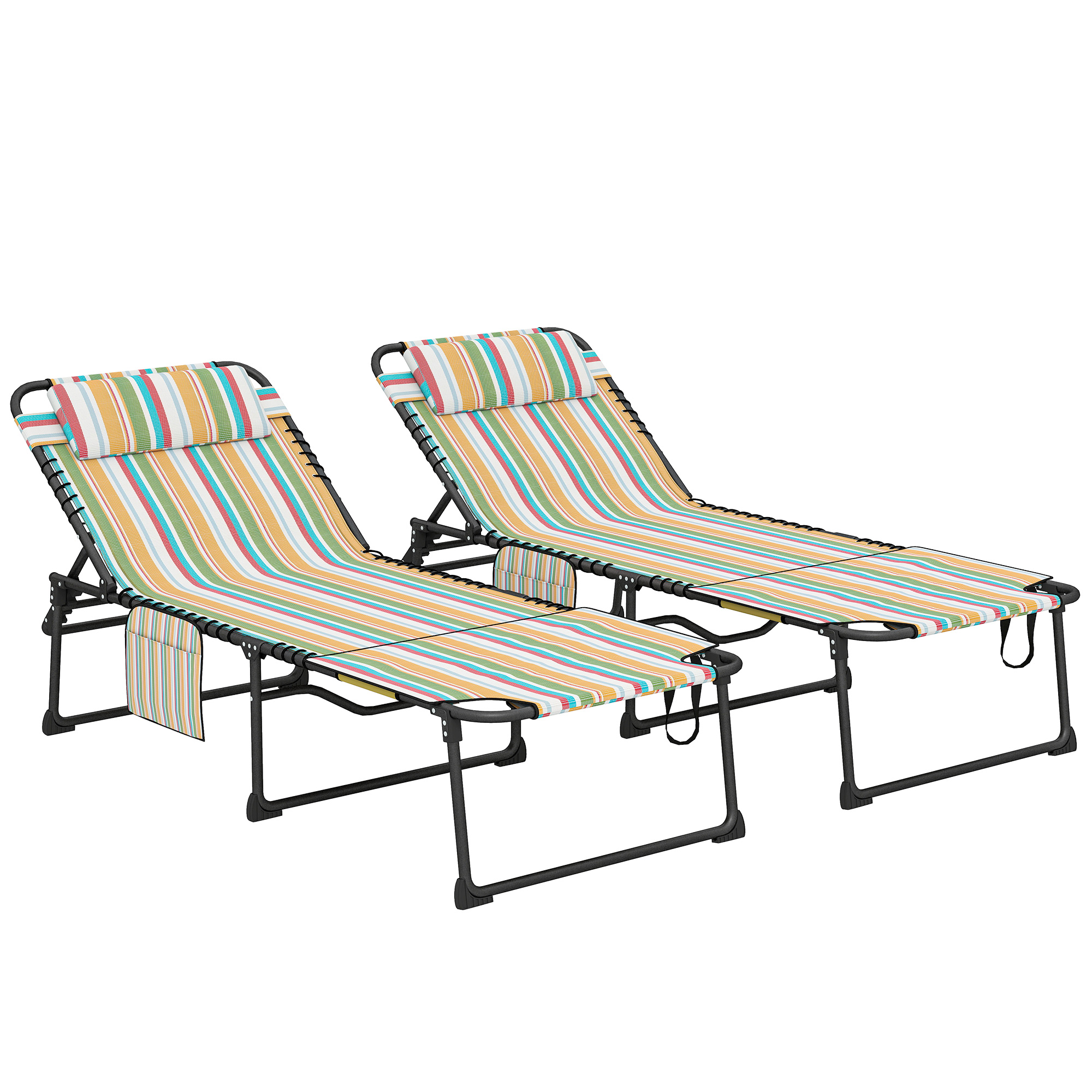 2 Piece Folding Chaise Lounge Pool Chairs with 5-level Reclining Back, Reading Hole, Side Pocket, Rainbow Striped (Drop Shipping Only, Not for Amazon)