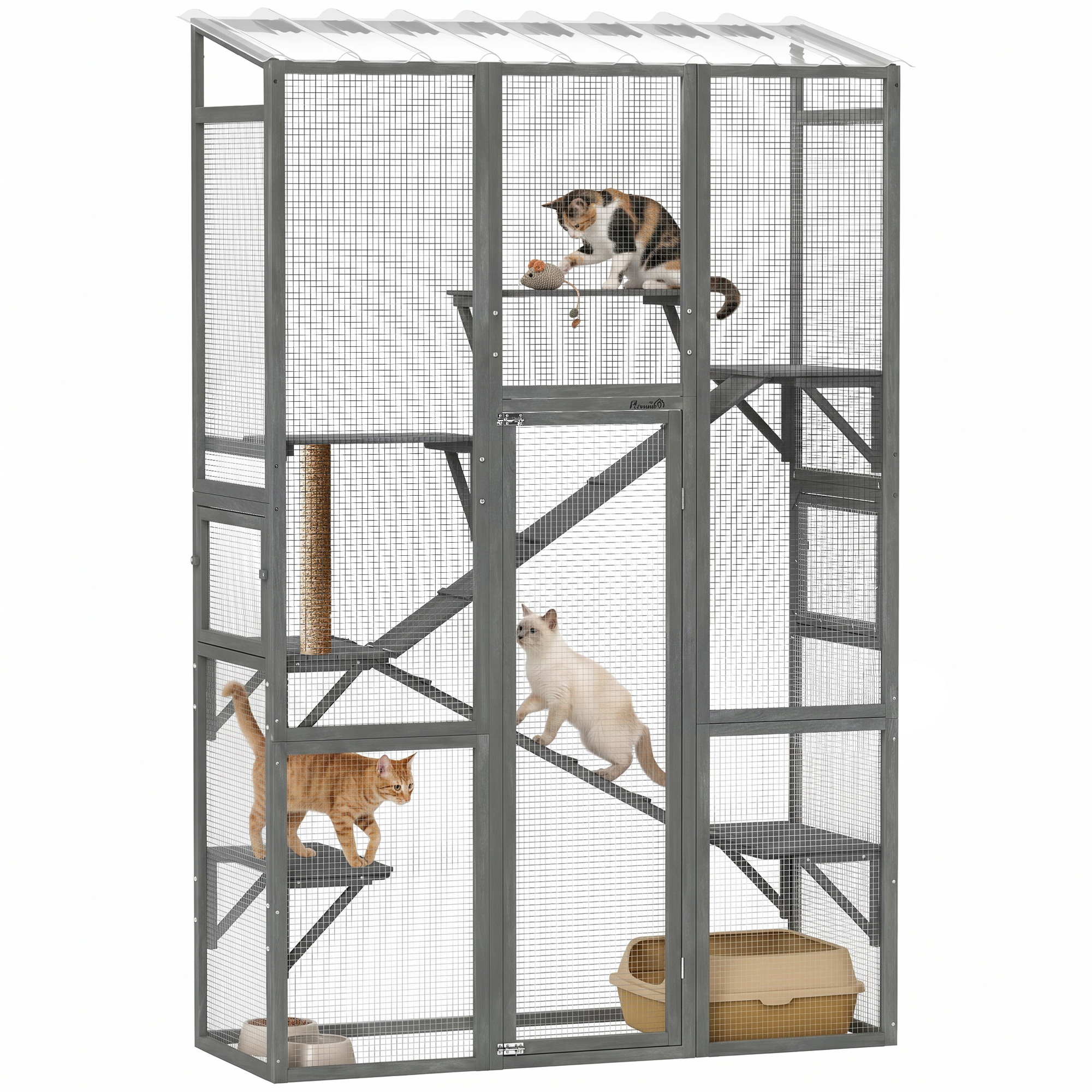 Outdoor Catio Cat Enclosure, Large Wooden Cat House with 6 Jumping Platforms, Scratching Post, 2 Ramps, for 2-3 Kittens (Drop Shipping Only, Not for Amazon)