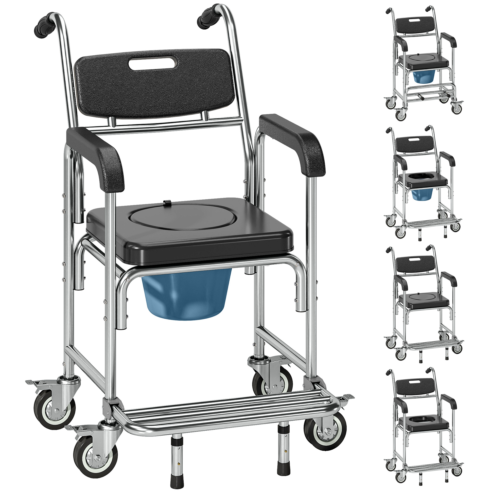 Transport Beside Shower Chair, 3-in-1 Commode Chair with Wheels and Padded Seat, Black (Drop Shipping Only, Not for Amazon)